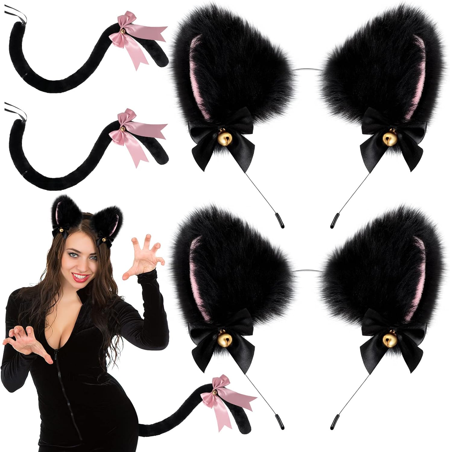 4 Pieces Halloween Cat Ears and Tail Set Furry Cat Ears