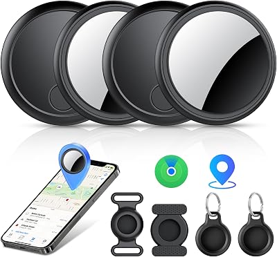 Tracker Tags-4 Pack,100dB Smart Bluetooth Tracker, Compatible with Apple Find My APP (iOS Only) Replaceable Battery, IP68 Waterproof, Suitable for Keys, Wallets, Backpacks, Luggage Trackers Black