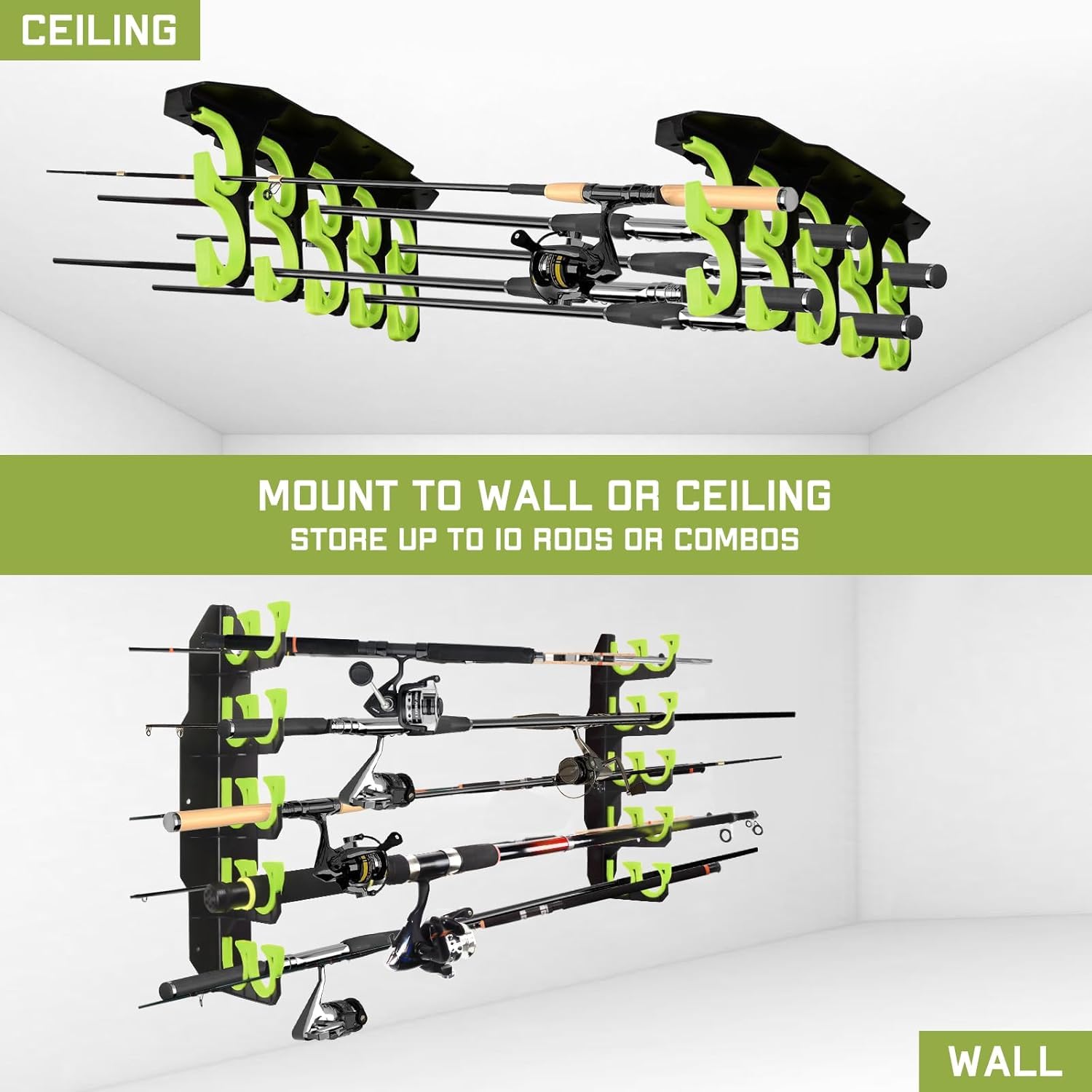 BOOSTEADY Soporte para Cañas de Pescar Estante de Cañas de Pescar para Garaje, Pesca Accesorios, Montaje en Pared o Techo, Equipo de Pesca, Verde, 2 Piezas