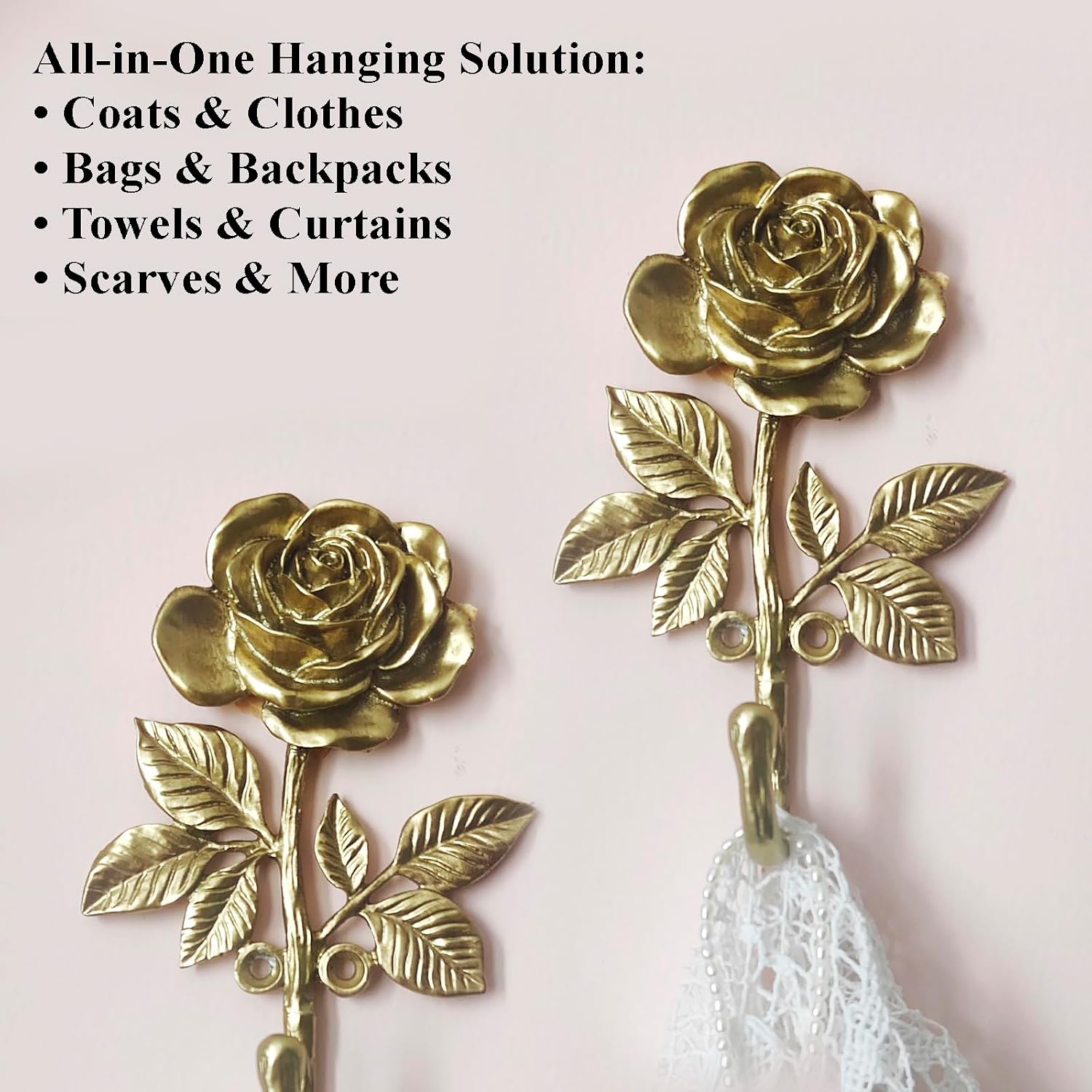 2 Pieces of Vintage Brass Blossoming Rose Wall Hooks, Heavy-Duty Metal Decorative Wall Hooks for Hanging Coats, Bags, Towels. Flower Ornate Style for Home Decor