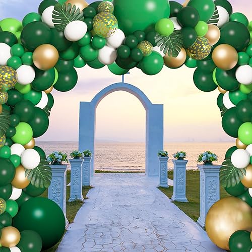 Miniatura 4 de Amandir Kit de arco de guirnalda de globos de fiesta de la selva, globos dorados y verdes de dinosaurio, decoración de fiesta con hojas de palmera