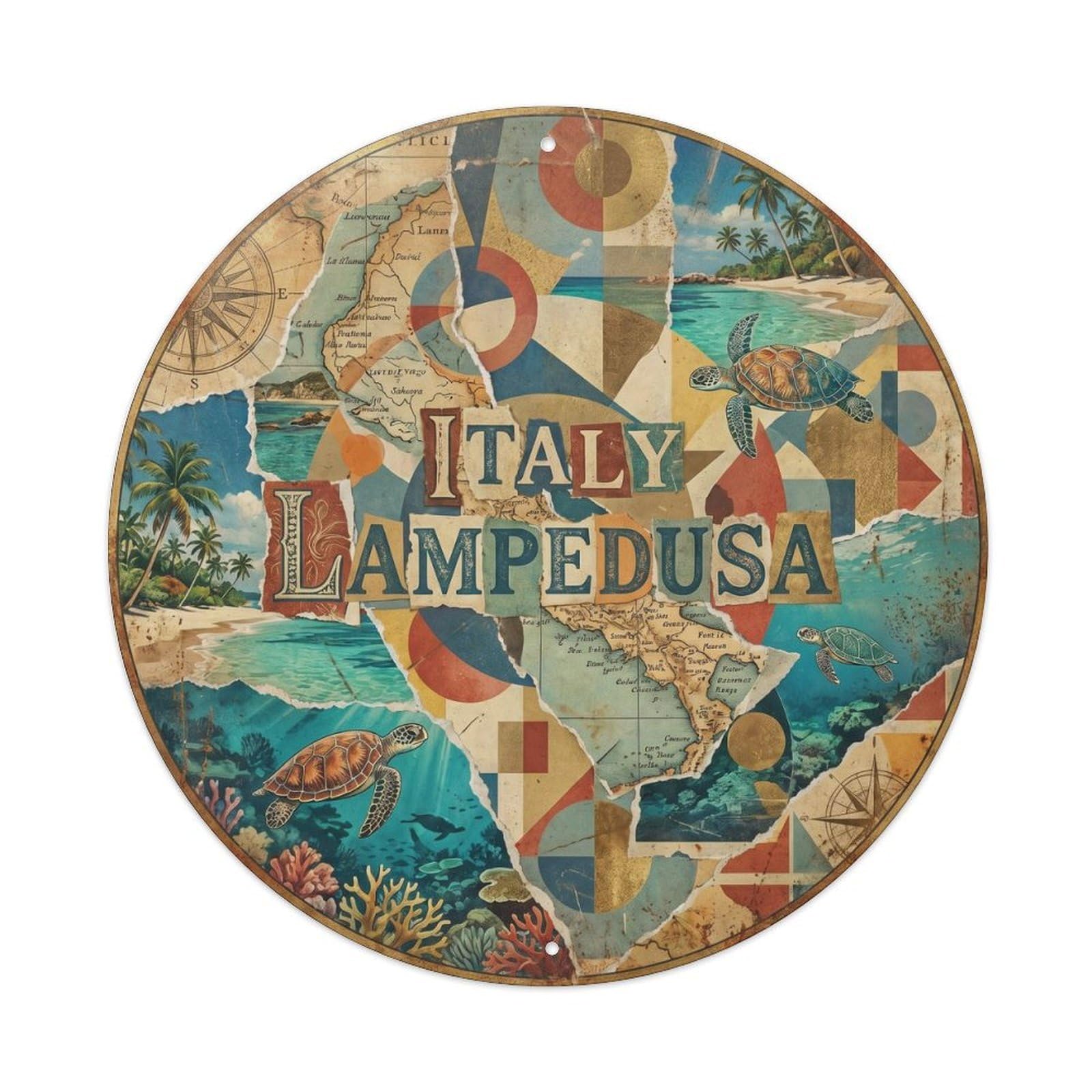 Lampedusa Beaches Italian Vintage Collage Island Travel Metal Tin Sign Plaque Wall Decor for Cafe, Man Cave, Club Bar, Office, Home Garden Round Metal Poster 8x8Inch