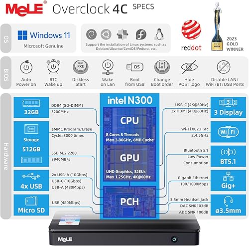 Vista 20 de MeLE Reddot Winner Slim Mini PC Overclock4C N100(hasta 3.4GHz) 8 GB de RAM, 256 GB de almacenamiento, mini computadora de escritorio, pantalla