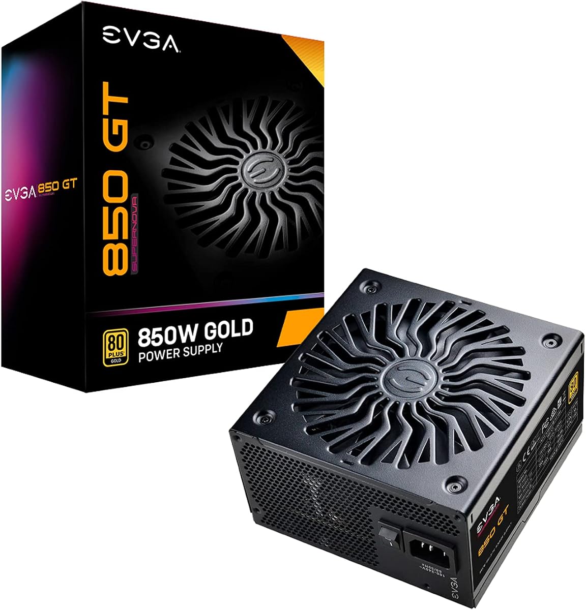 EVGA 850 GT, 80 Plus Gold 850W, totalmente modular, modo ecológico automático con ventilador FDB, condensadores 100% japoneses, 7 años de garantía, incluye autoprobador de encendido, tamaño compacto de 150 mm, fuente de alimentación 220-GT-0850-Y1