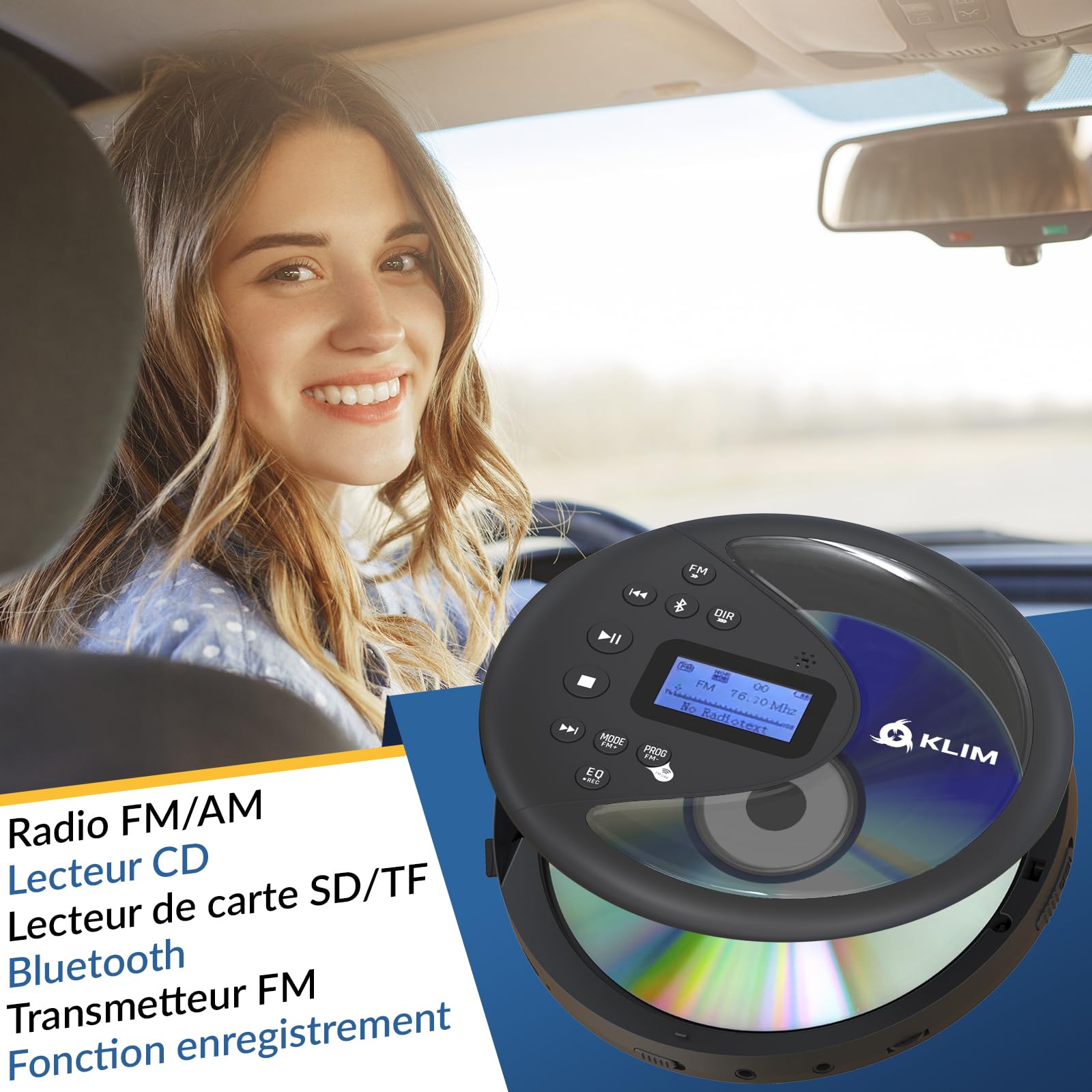 KLIM Discover - Lecteur CD Portable avec Batterie Longue durée et Casque - Radio FM - Compatible MP3 et Carte SD - Transmetteur FM, Bluetooth - Idéal pour Voiture