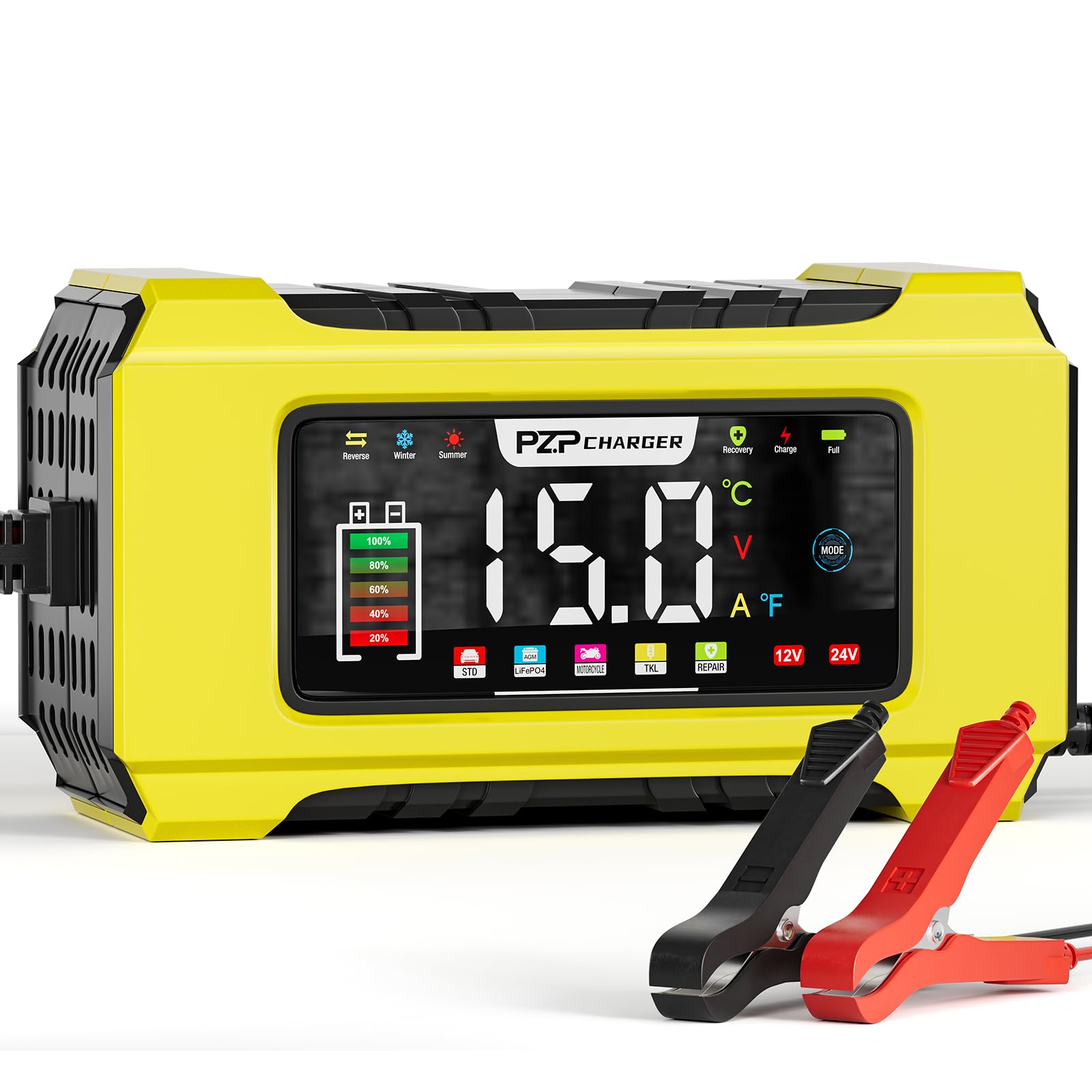 PZP - Caricabatterie intelligente da 15 A, 12 V/24 V, per LiFePO4, batterie al piombo acido, ricarica completamente automatica a 9 stadi con compensazione della temperatura per moto, auto, camion