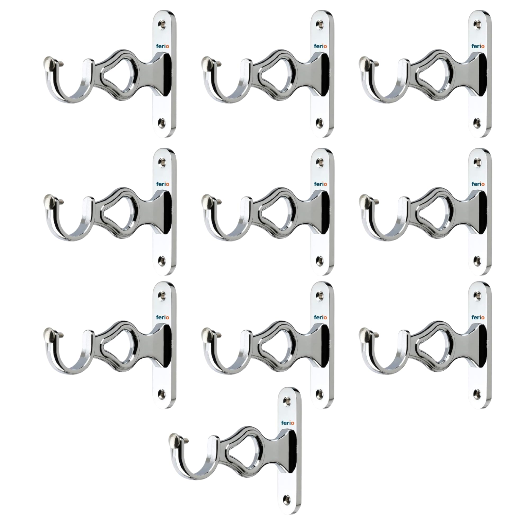 Ferio Zinc Chrome Finish Curtain Holder and Brackets for Door and Window Parda Holder 1 Inch Rod Size Silver (Pack of 10)