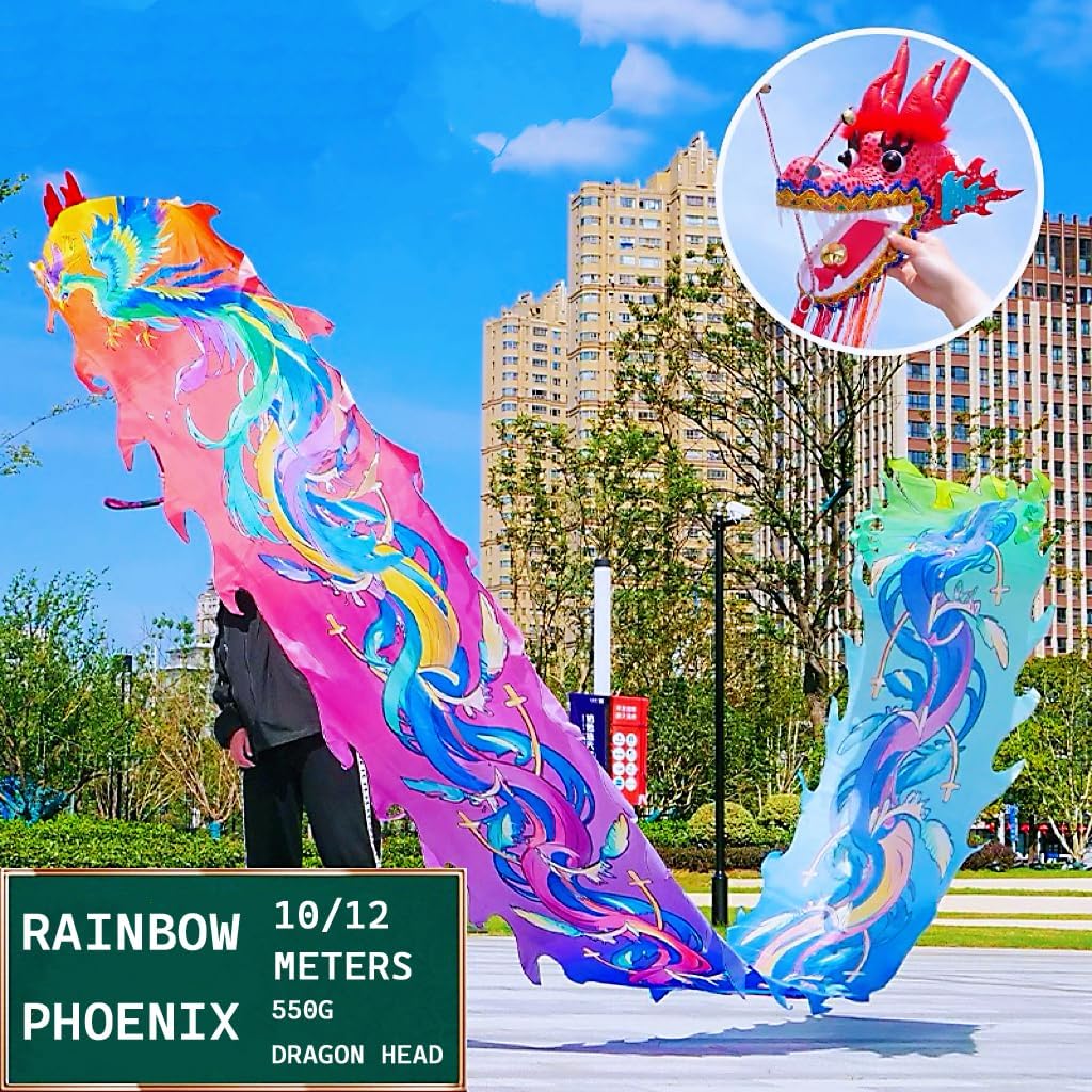 Dragon Dance Ribbon Poi, Outdoor Exercise Dragon & Phoenix Silk-Like Ribbon Streamer Flow Toy Set with Real-Like Dragon Head for Beginner and Pro (Rainbow Phoenix, 32.8 ft)
