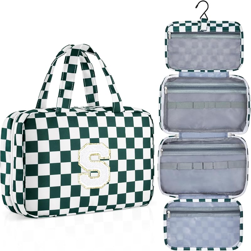 Necessaire de viagem suspensa ISPbag Green Checkerboard S com zíper e patch de inicial