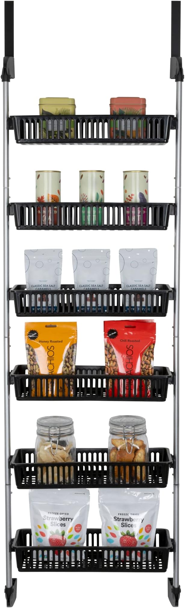 Smart Design 6-Tier Over The Door Pantry Organizer with 6 Full Baskets - Adjustable Steel and Resin with Stabilizing Brackets to Eliminate Sway - Wall Mountable Kitchen Spice Rack - Black