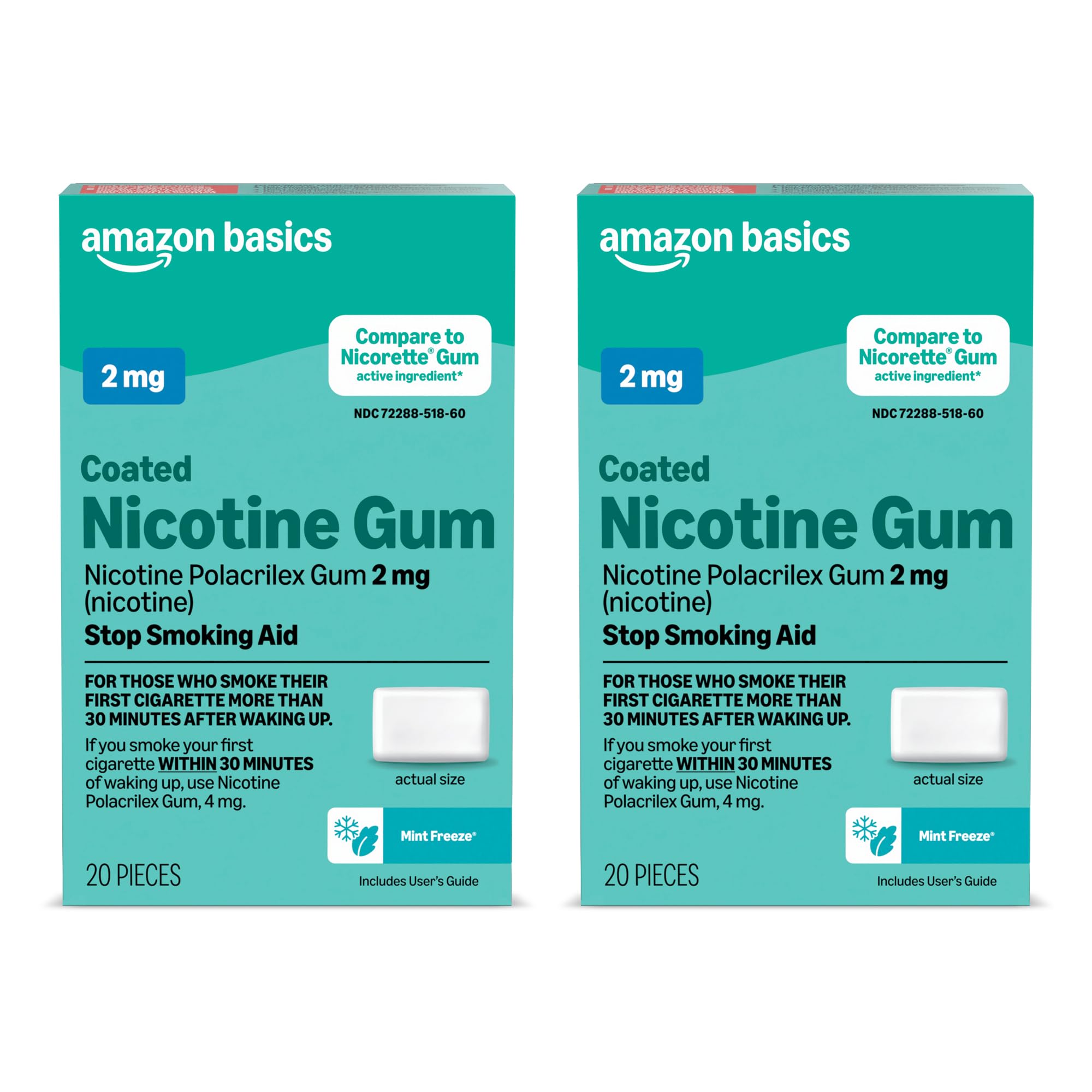 Amazon Basics Coated Nicotine Polacrilex Gum, 2 mg, Ice Mint Flavor, Stop Smoking Aid, Reduces Cravings, Smoking Cessation, 20 Count (Pack of 2) (Previously Amazon Basic Care)
