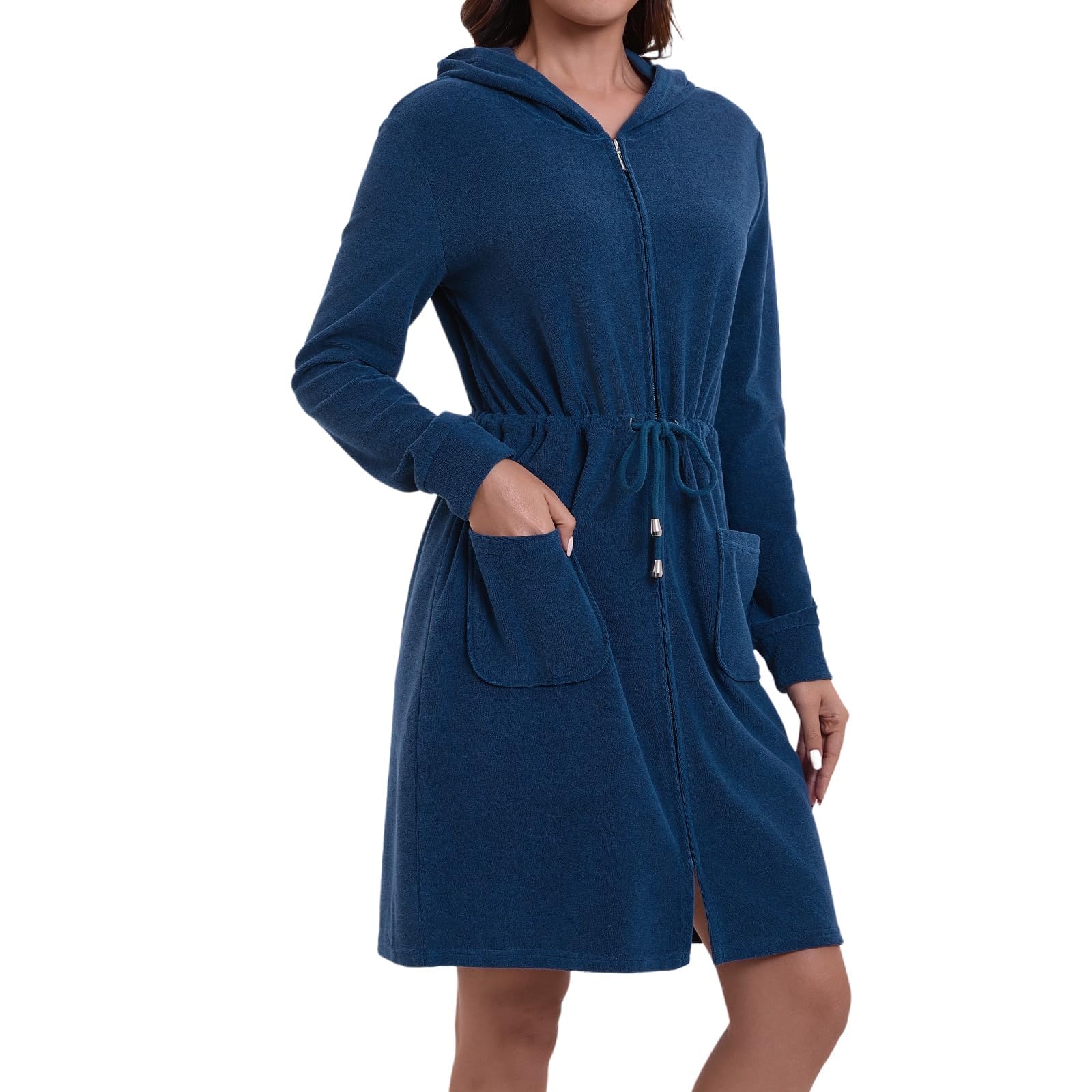 Mnamo Eleganter Damen Bademantel mit Kapuze und Reißverschluss aus Frottee Kurz und Leicht Marineblau XL