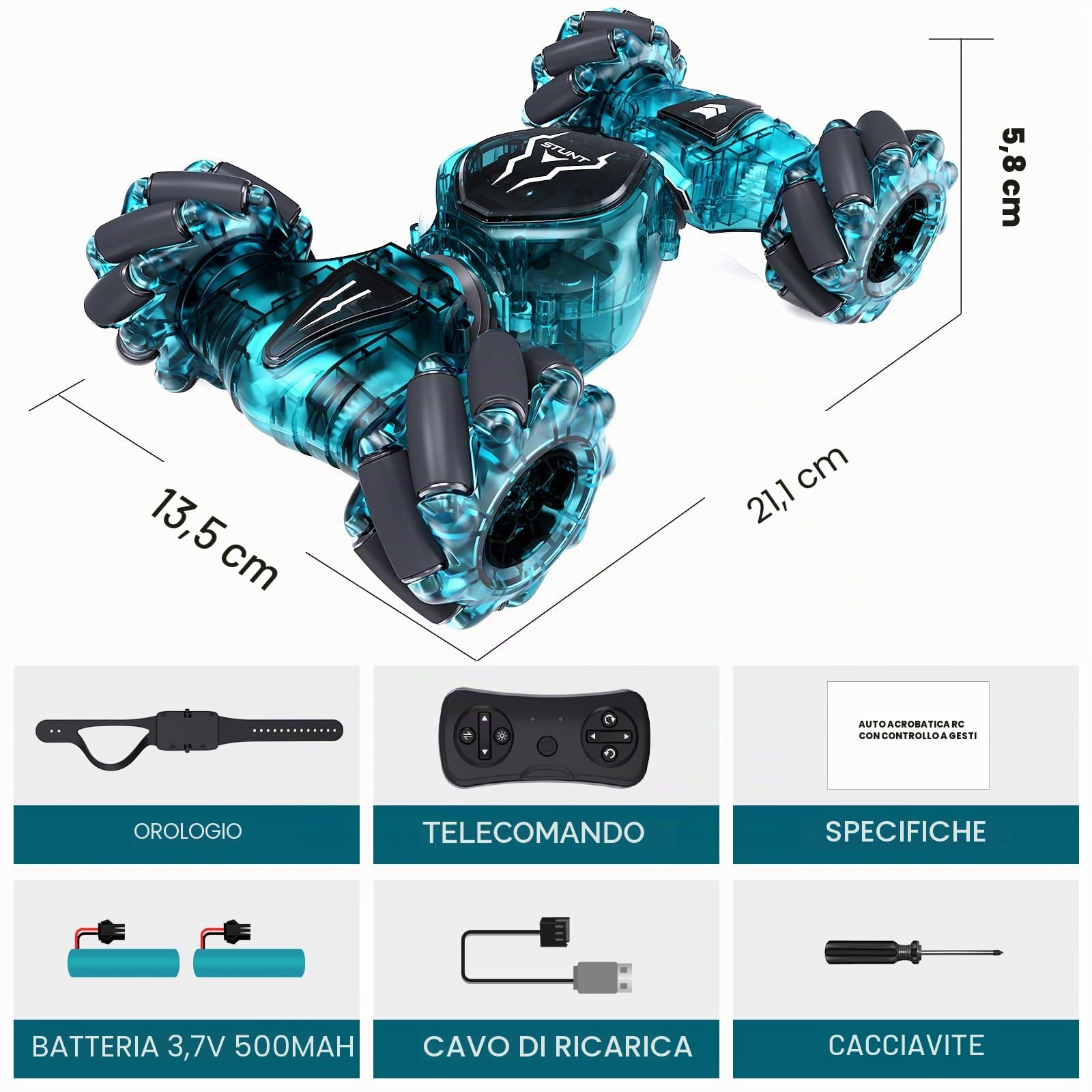 Tecnock Auto telecomandata con controllo rapido a mano, 2,4 GHz, 4 WD, rotazione a 360°, batteria ricaricabile, auto da corsa con illuminazione fredda, adatta per molti terreni, regalo per 4 – 9 +