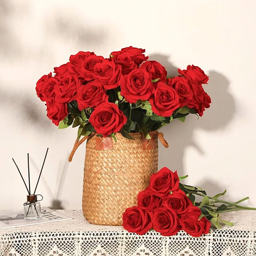 Jasion 12PCS Artificial Roses Realistic Velvet Silk Flowers Long Stem Faux Flowers Bouquet for Wedding Home Party Table Centerpieces Decorations (Red) - Image 8