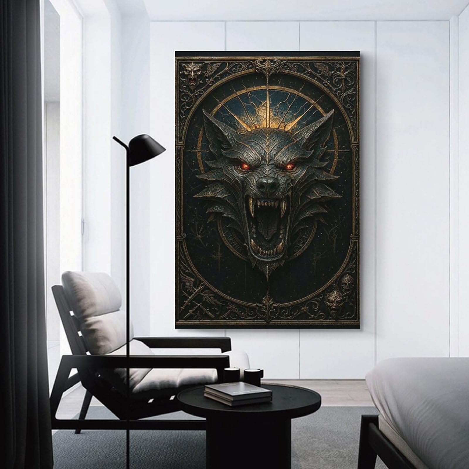 Junmoney Black Wolf Head – Gothic Metal Fantasy Decorative Wall Artwork 20x30inch(50x75cm), for Home Lounge, Bedroom Or Reading Nook, Modern Wall Decor for Cosy Interiors