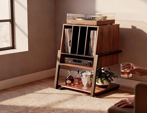 Miniatura 7 de FITUEYES Armario de bar de diseño con soporte giratorio, gabinete de barra de registro vintage, almacenamiento de vinilo y exhibición de vino, grano