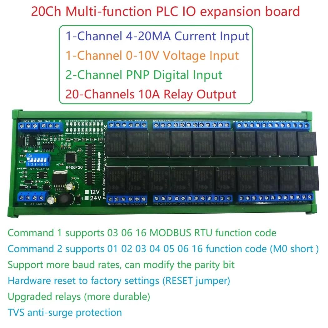 20-Channel RS485 Modbus RTU PLC Expansion Board, 20DO 2DI 2AI 10A Relay Module, 4-20mA 0-10V Analog IO, DIN Rail Mount, DC 12V/24V for Industrial Automation & Smart Home (12V with Rail Box)