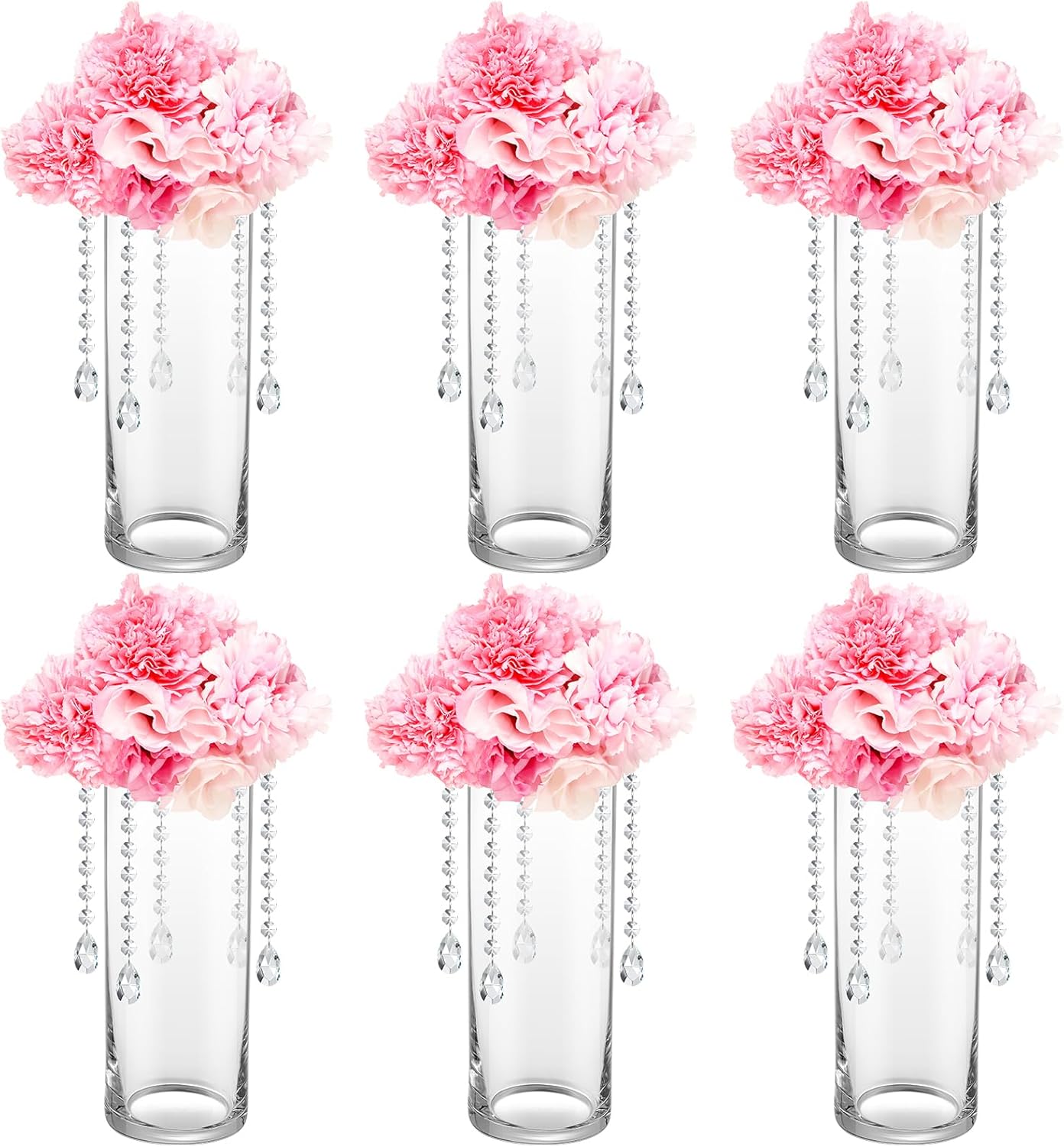 Yerliker 6 Sets 10" Wedding Centerpieces for Table Stand Vase Cylinder Clear Glass Flower Vase Wedding Centerpieces Flowers with Acrylic Crystal Garland Strands for Home Decor