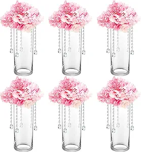 Yerliker 6 Sets 10" Wedding Vase Centerpieces Cylinder Clear Glass Flower Vase Wedding Centerpieces Flowers Stand with Acrylic Crystal Garland Strands for Wedding Home Decor