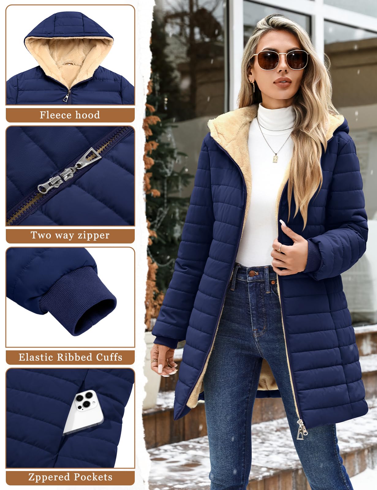 Giacca Trapuntata Invernale Donna Lunga Giubbotto in Pile Caldo Giubbino Puffer Cappotto Imbottito Quilted Jacket Elegante Piumino Invernali Autunno Parka con Cappuccio