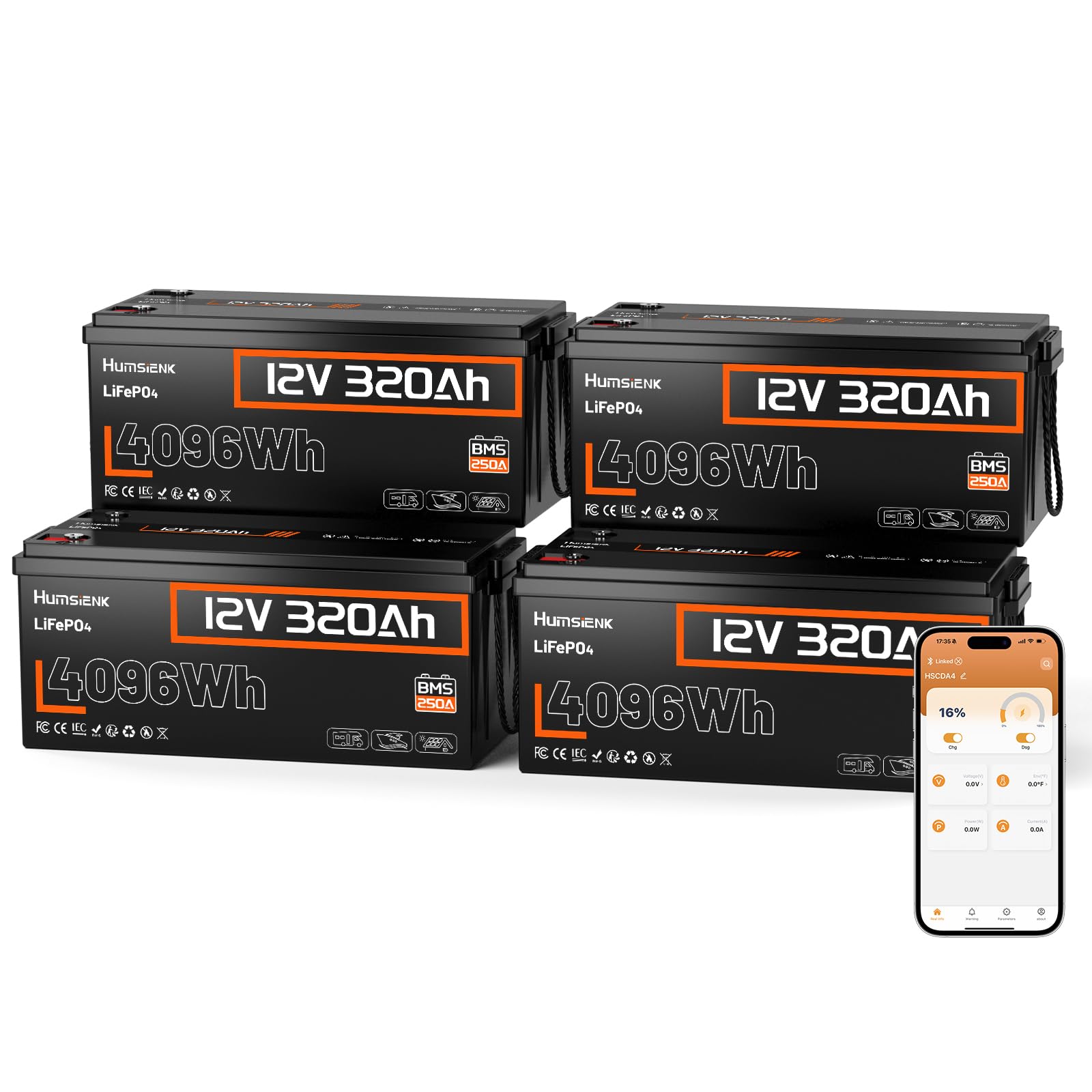 HumsiENK 12V 320Ah LiFePO4 Battery 4 Pack with Bluetooth (48V 320Ah / 12V 1280Ah System), 16.38kWh Massive Off-Grid Solar Power Bank, Batch-Matched, 250A BMS, Low-Temp Cut-Off for RV, Cabin, Marine