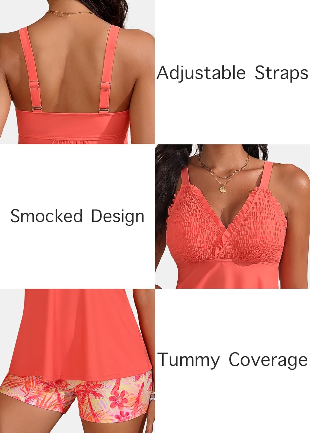 ROSEWE Womens Tankini Bathing Suits, Two-Piece Smocked Swim Dress, Print Swimsuits with Board Shorts - Image 6