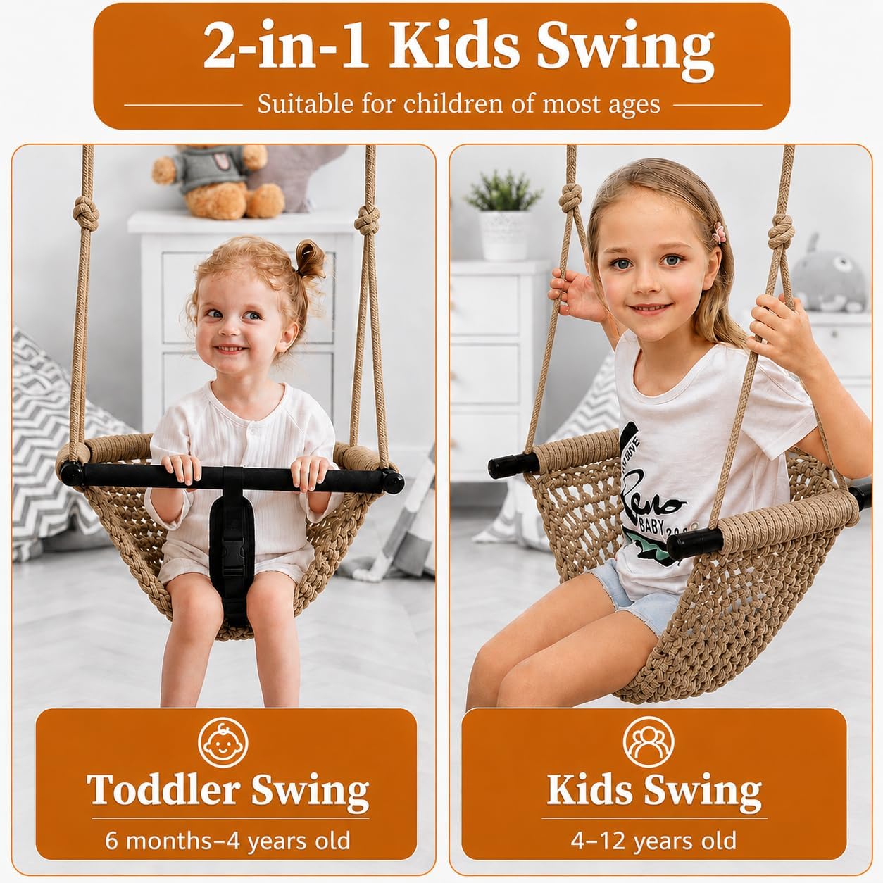 Kids Swing Seats Indoor Hand-Made Net Swing with Adjustable Rope Tree Swings for Kid Child Backyard Playground Swings Outside Indoor (Khaki)