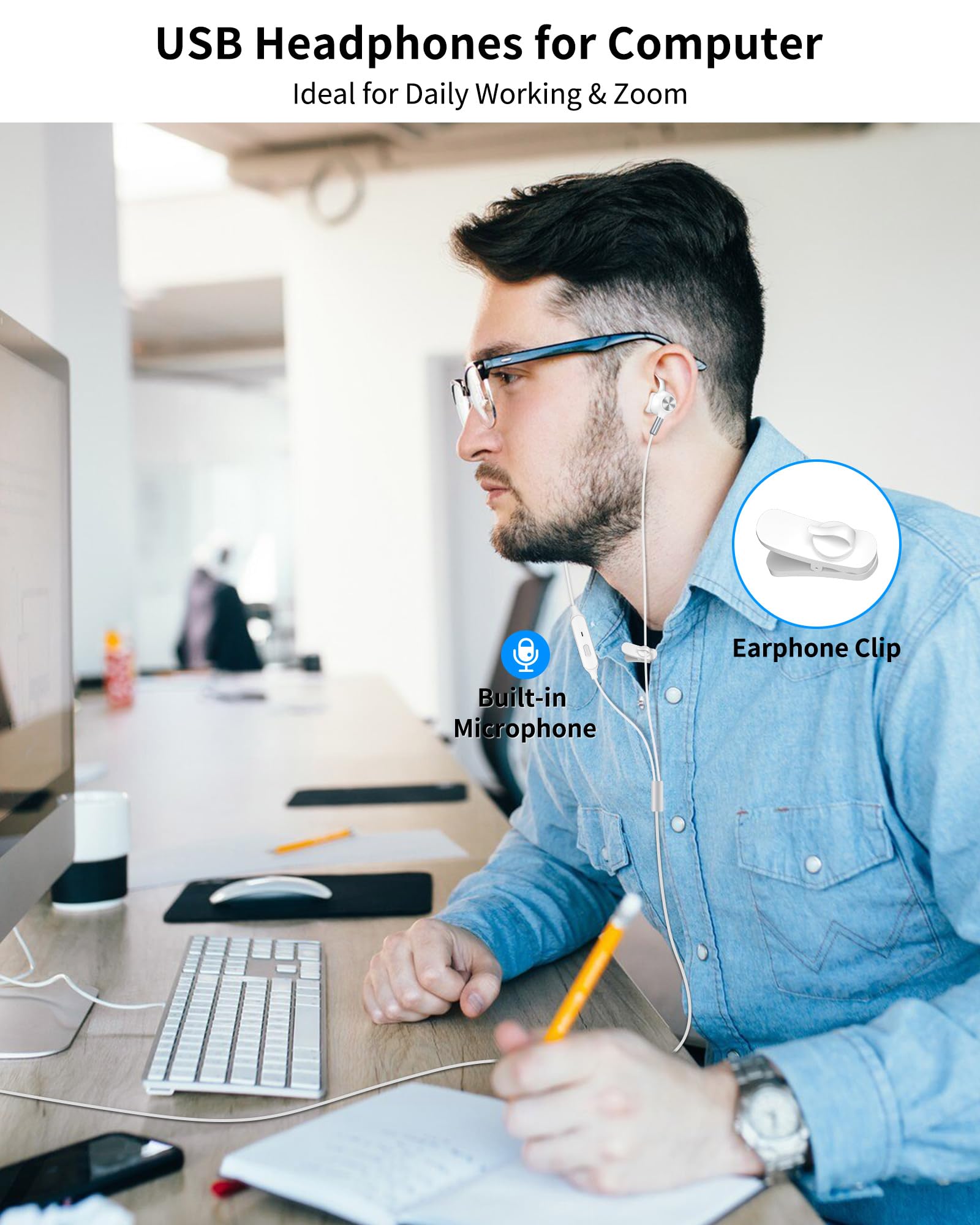 ACAGET USB Earphones For PC, 7.5 FT/2.5M Cord, Computer Headphones Headset With Microphone USB A Earbud In Ear Wired For Dell For HP Laptop Work Meeting Office For Women Girls - View #9