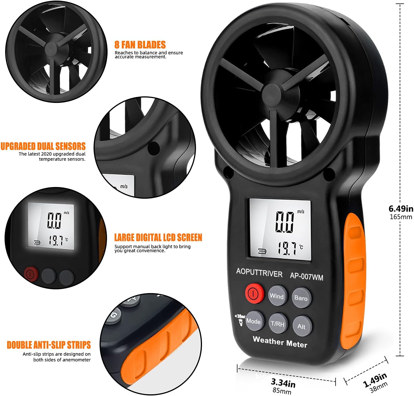 Digital Anemometer Barometer Pressure Gauge for Wind Speed ​​Temperature/Humidity/Dew Point/Wind Chill/Altimeter Barometer with Backlight MAX MIN AVG AP-007WM
