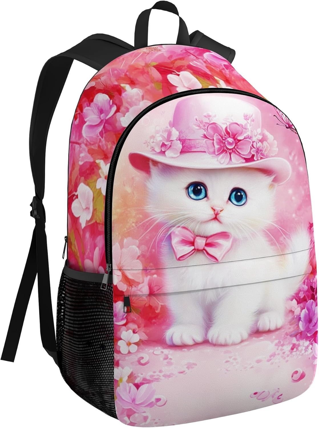 Personalized School Backpack for Girls 17" Custom White Cat Backpack Toddler Adjustable Shoulders Bookbag with Side Pocket Name Customized Daypack Schoolbag Water Bottle Lunch Bag Available