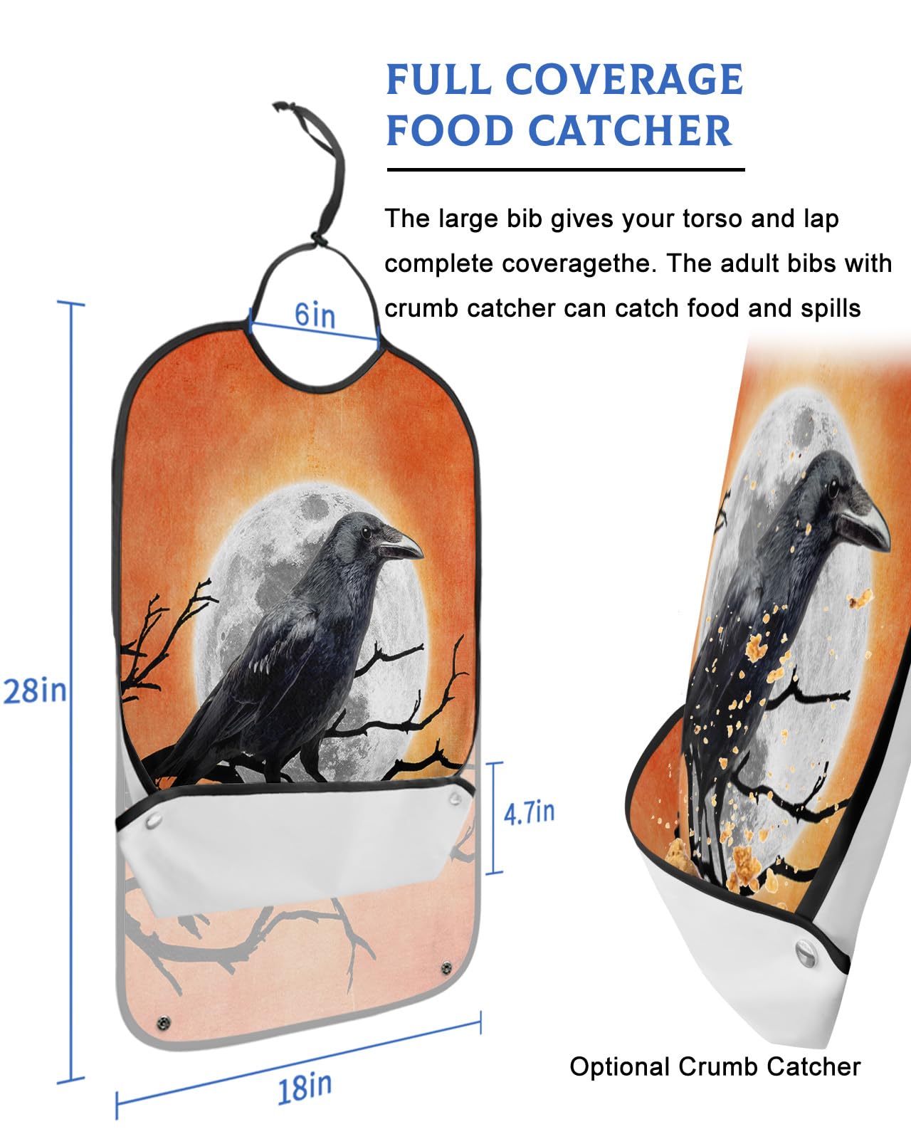 Halloween Adult Bibs for Eating, Waterproof Bibs with Food Catcher & Adjustable Snap Closure, Farmhouse Orange Moon Night Black Crow Washable Clothing Protectors Adult Bibs for Elderly Women/Men