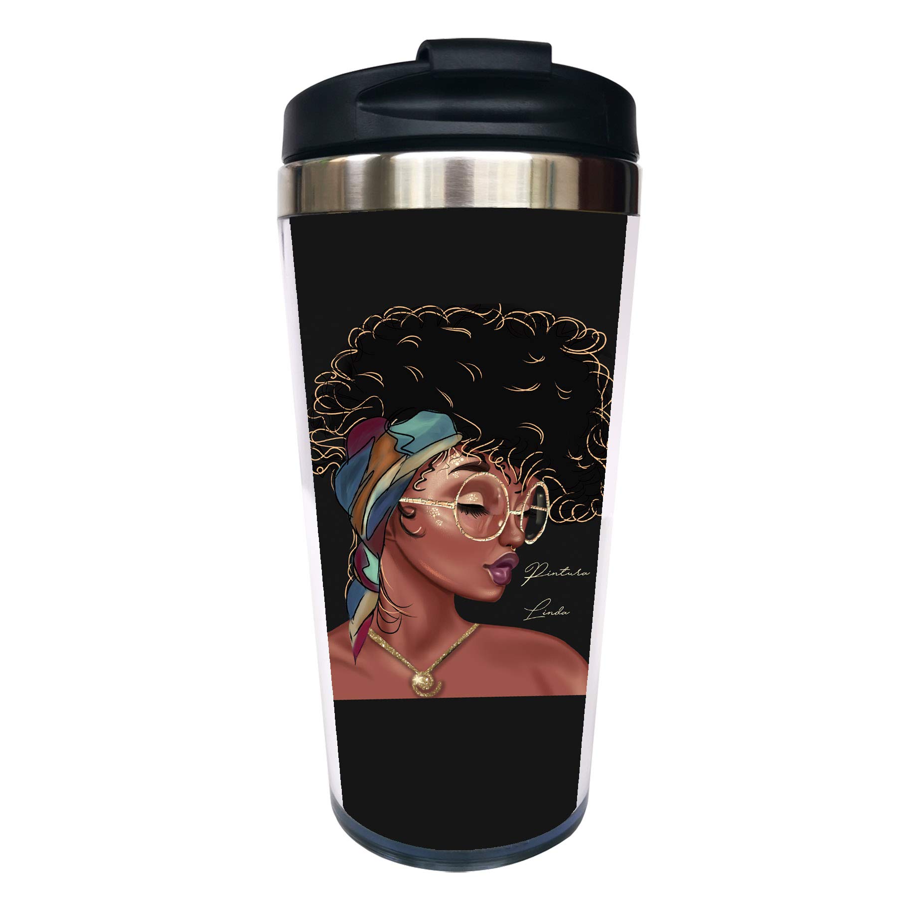 CUAJH Black Girl Travel Coffee Mug for Women Men Thermal Tumbler with Wrap, Lid and Stainless Steel Interior 14 OZ