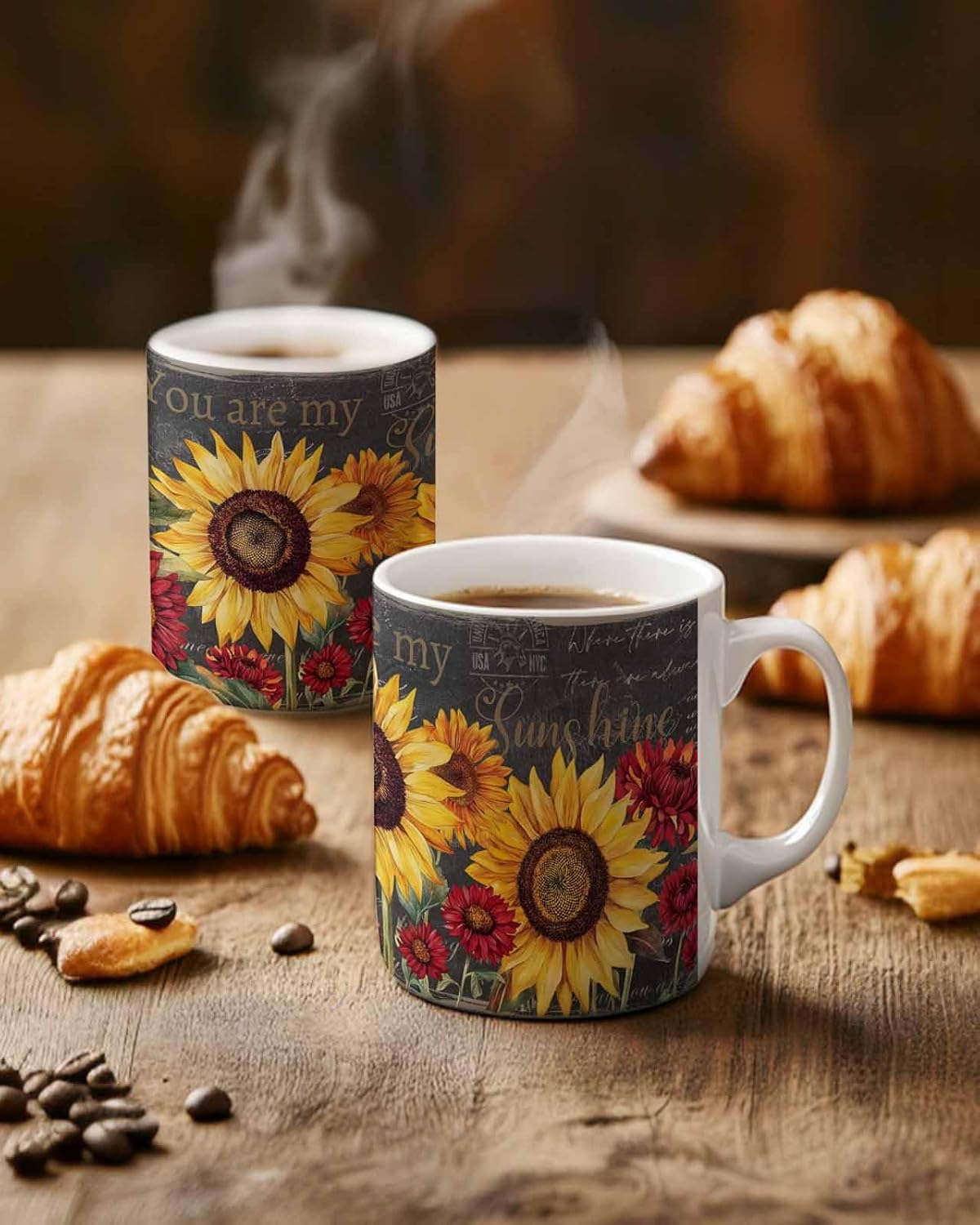 BEMIGO Ceramic Coffee Mug Summer Sunflower Ceramic Mug White Cup, Vintage Background Insulated Coffee Cup with Handle with Pattern Perfect for Tea and Hot Beverages, 12oz