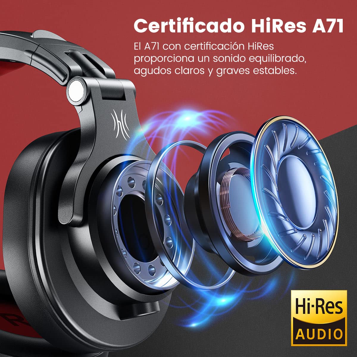 Auriculares OneOdio sobre la oreja, auriculares DJ con cable, auriculares HiFi de estudio con puerto compartido para monitor de grabación AMP de guitarra de piano e-drum (Rojo2)