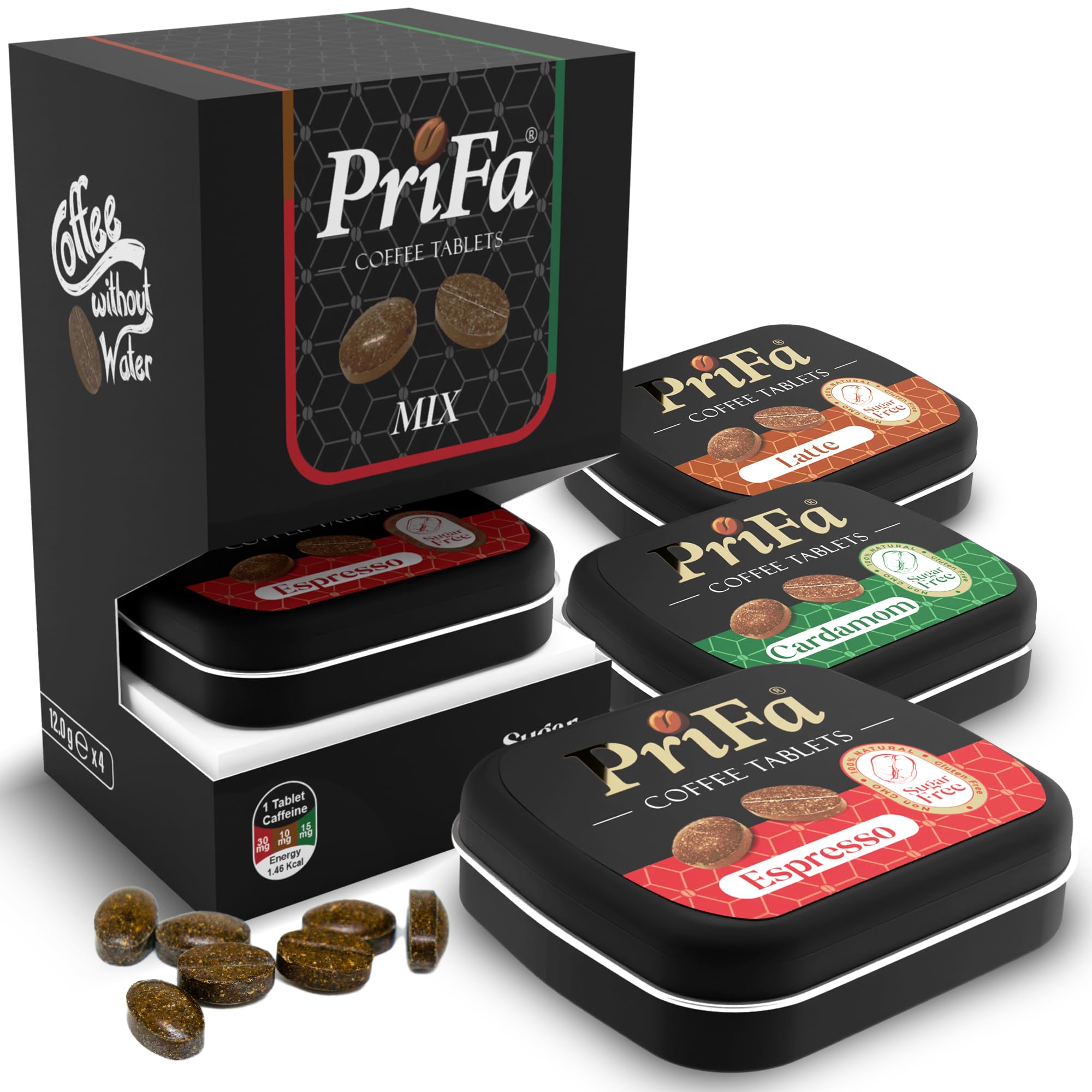 PriFa Coffee Tablets Variety Pack, Pocket Coffee To Go - Real Coffee, Coffee Candy with Caffeine - Natural Sugar Free Instant Energy Pouches, Keto Coffee Packets (2x Espresso, 1x Latte, 1x Cardamom)