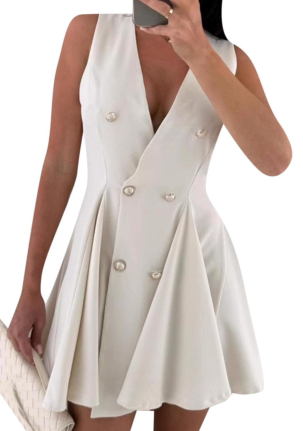 DIACACY Womens V Neck Sleeveless Short Dresses Button Front Pleated Mini Dress Summer Casual Dresses