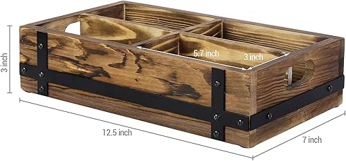 Miniatura 5 de MyGift Caja de almacenamiento de cinta de casete retro de madera maciza rústica con detalles industriales de metal negro mate y 4 compartimentos,