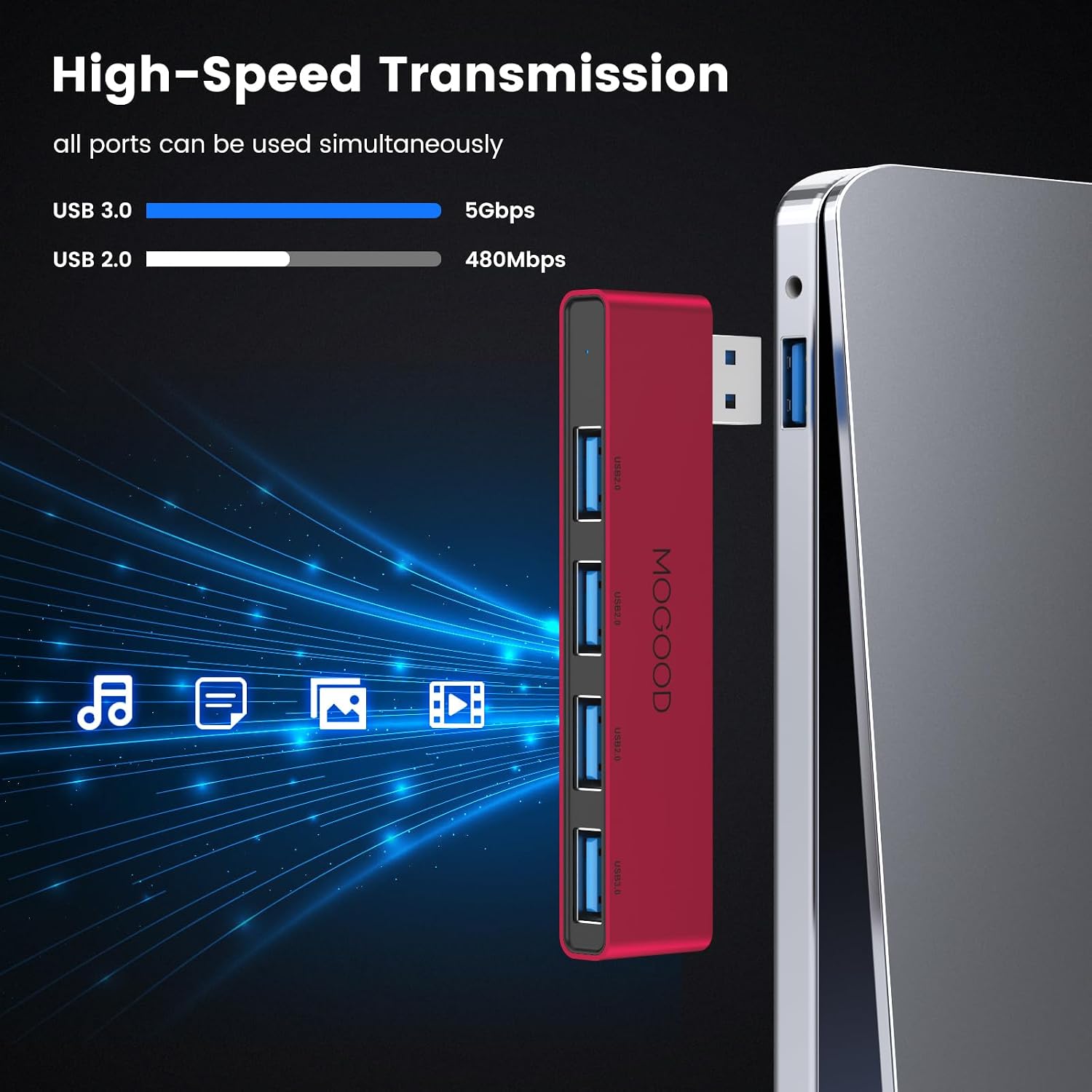 MOGOOD USB Hub 3.0 Splitter for Laptop, 4 in 1 Multiport Adapter Left Side image 5