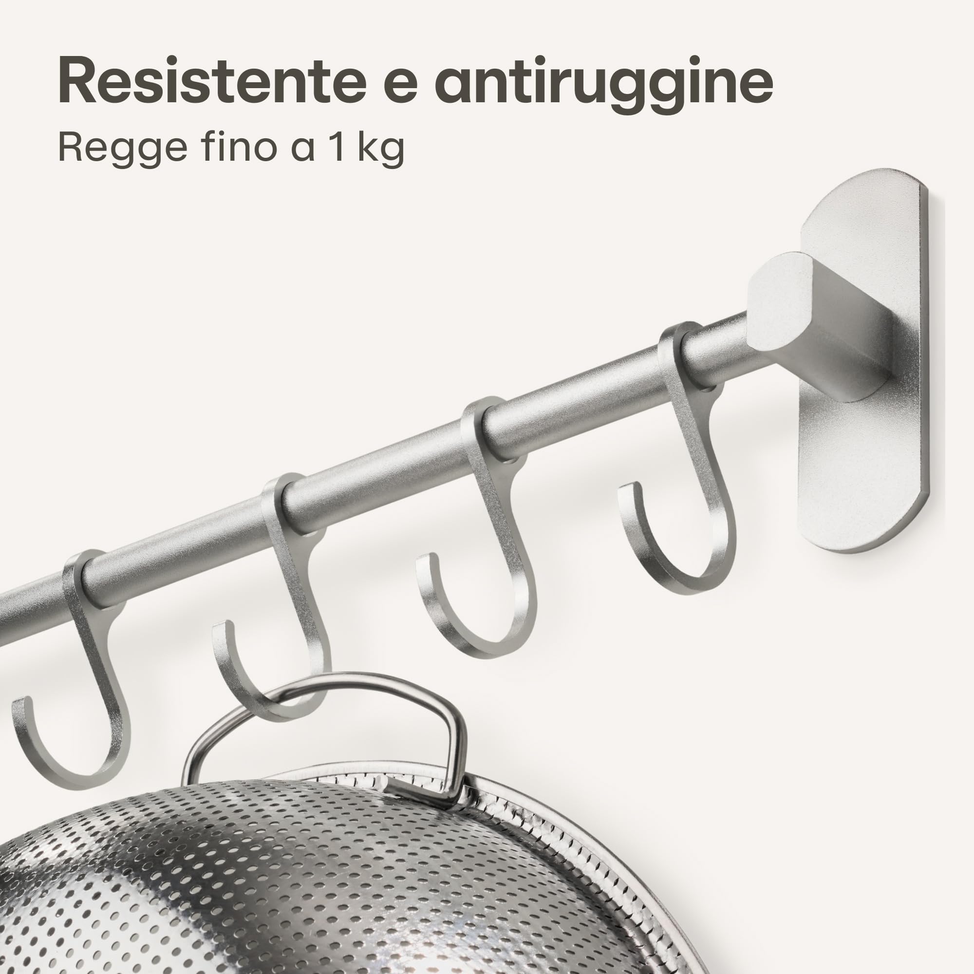 Praknu Barra Portautensili da Cucina Adesiva – 8 Ganci Regolabili - Installazione Senza Buchi - 40 cm – Supporto in Alluminio per Utensili da Cucina