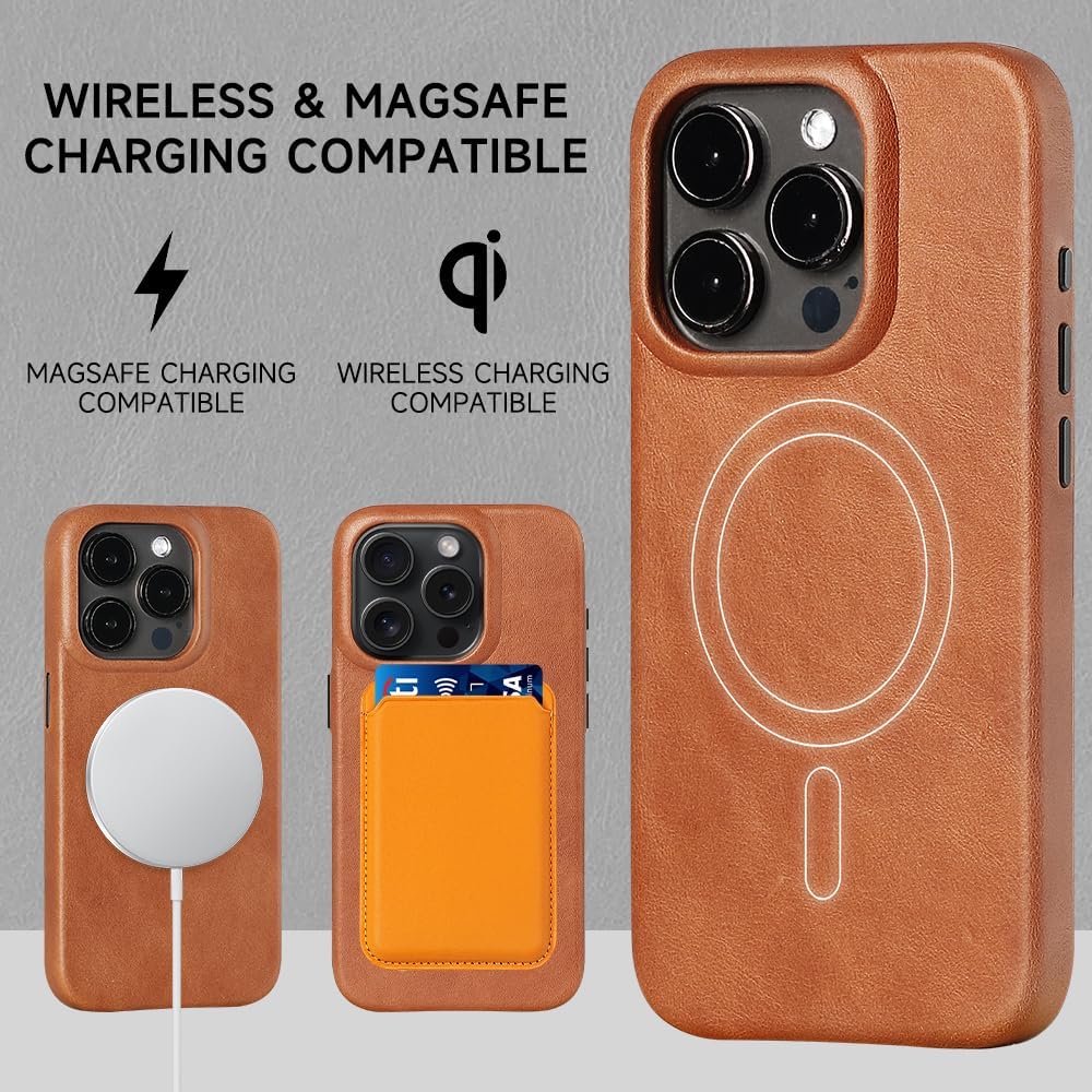 LUCKYCOIN Premium Full Grain Leather Magnetic Phone Case for iPhone 15 Pro, Compatible with MagSafe, Metal Buttons, Slim Fit Classic Leather Protective Case for Everyday Use – Brown