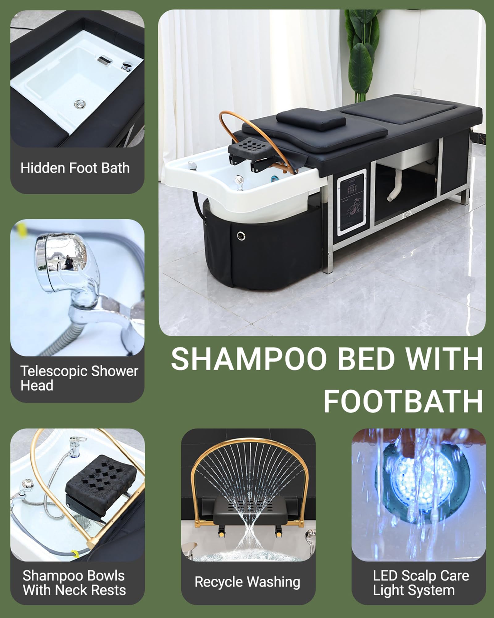 Kopfmassagebett mit Wasserzirkulationsmassage, Fußbad und Begasung, professionelle Shampoo-Salon-Ausstattung für Friseursalons, Spa-Resorts und Wellness-Studios