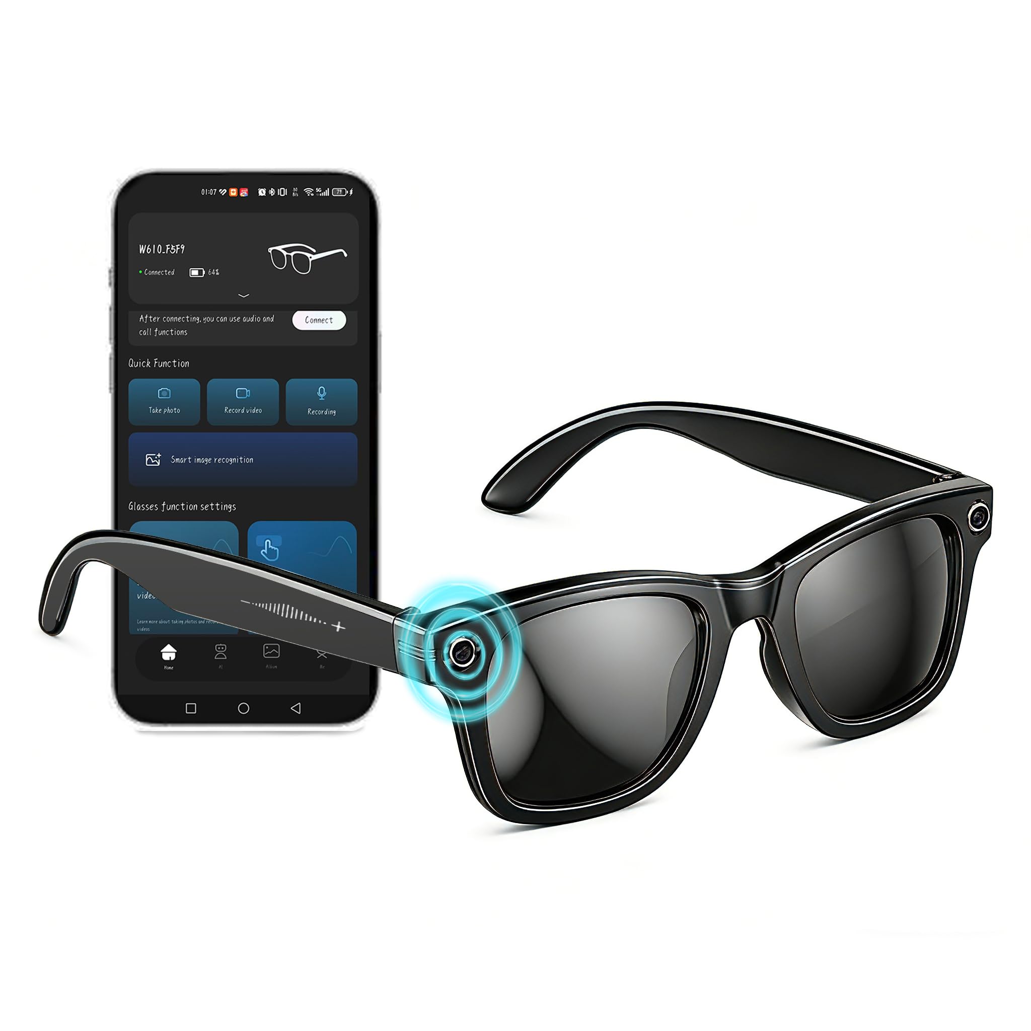 AI Smart Glasses with Camera 8MP Stabilized 1200P HD Video Recording UV400 Outdoor Sports Sunglasses with Open-Ear Bluetooth