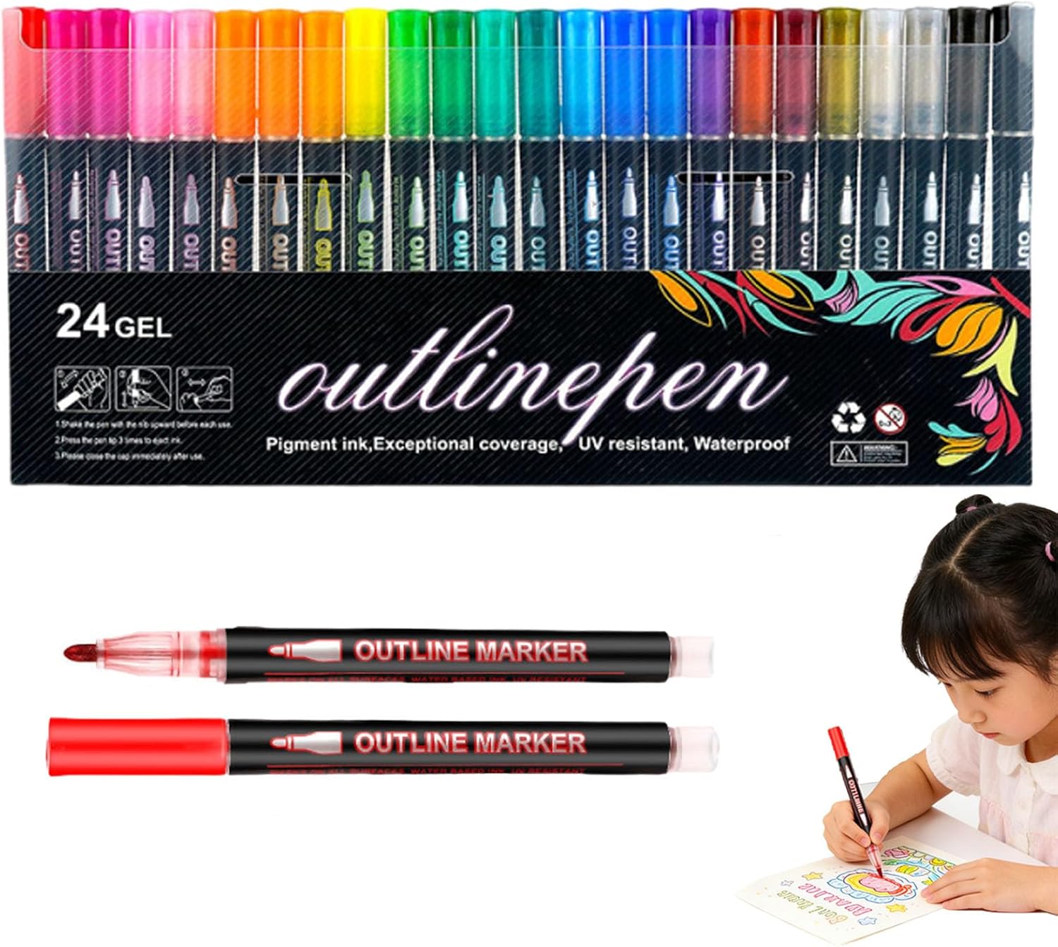 Dreamy Sparkle Dual-Line Contour Pen Set with Metallic Outline, Double Line Outline Art Pen, Quick-Dry Ink for Drawing, Coloring & DIY Crafts (24 Colors)