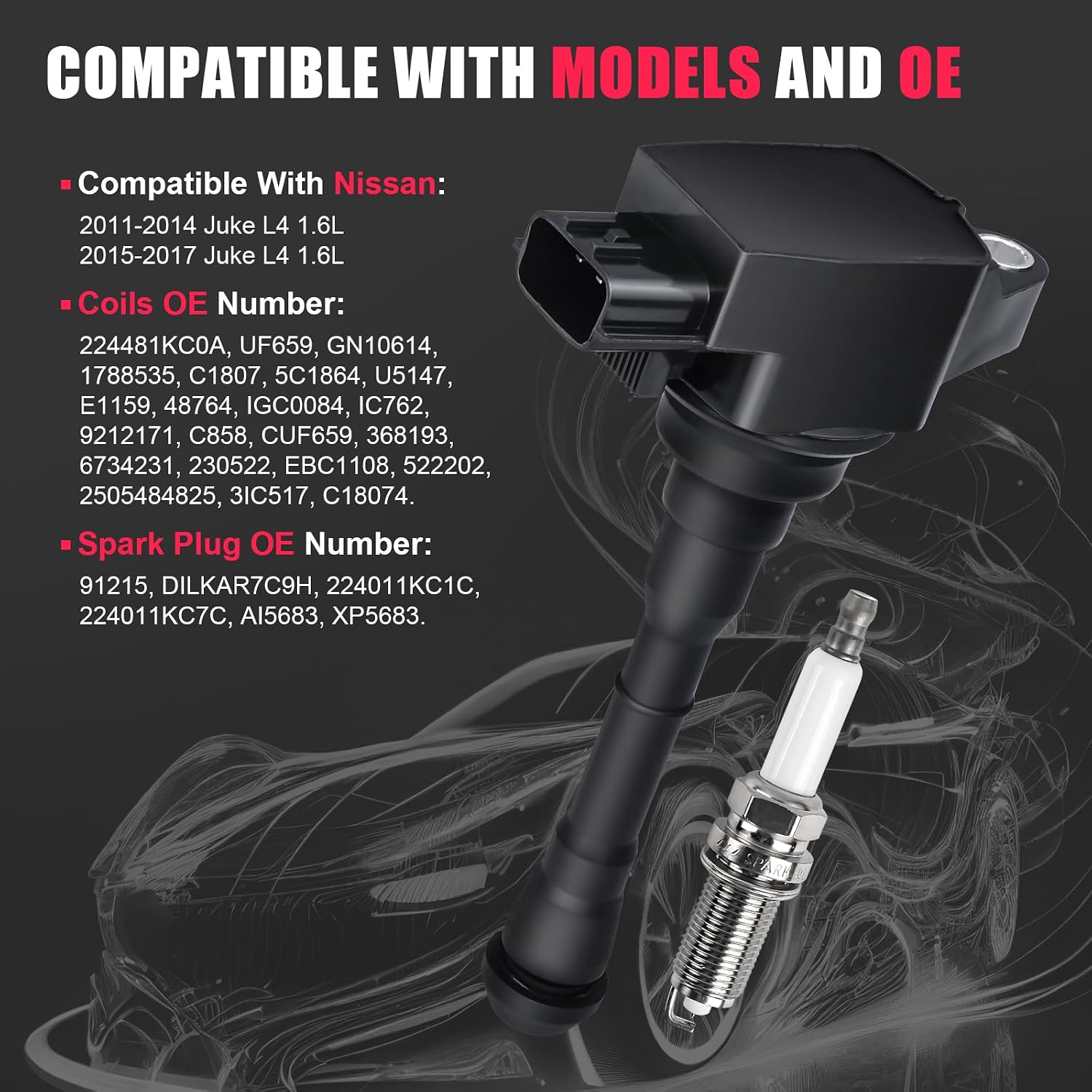 4pcs Ignition Coil Pack UF659 & Spark Plug 91215 Compatible with 1.6 Nissan Juke 2011 2012 2013 2014 2015 2016 2017 1.6L L4 Coil Pack Replacement for GN10614 1788535 C1807 XP5683