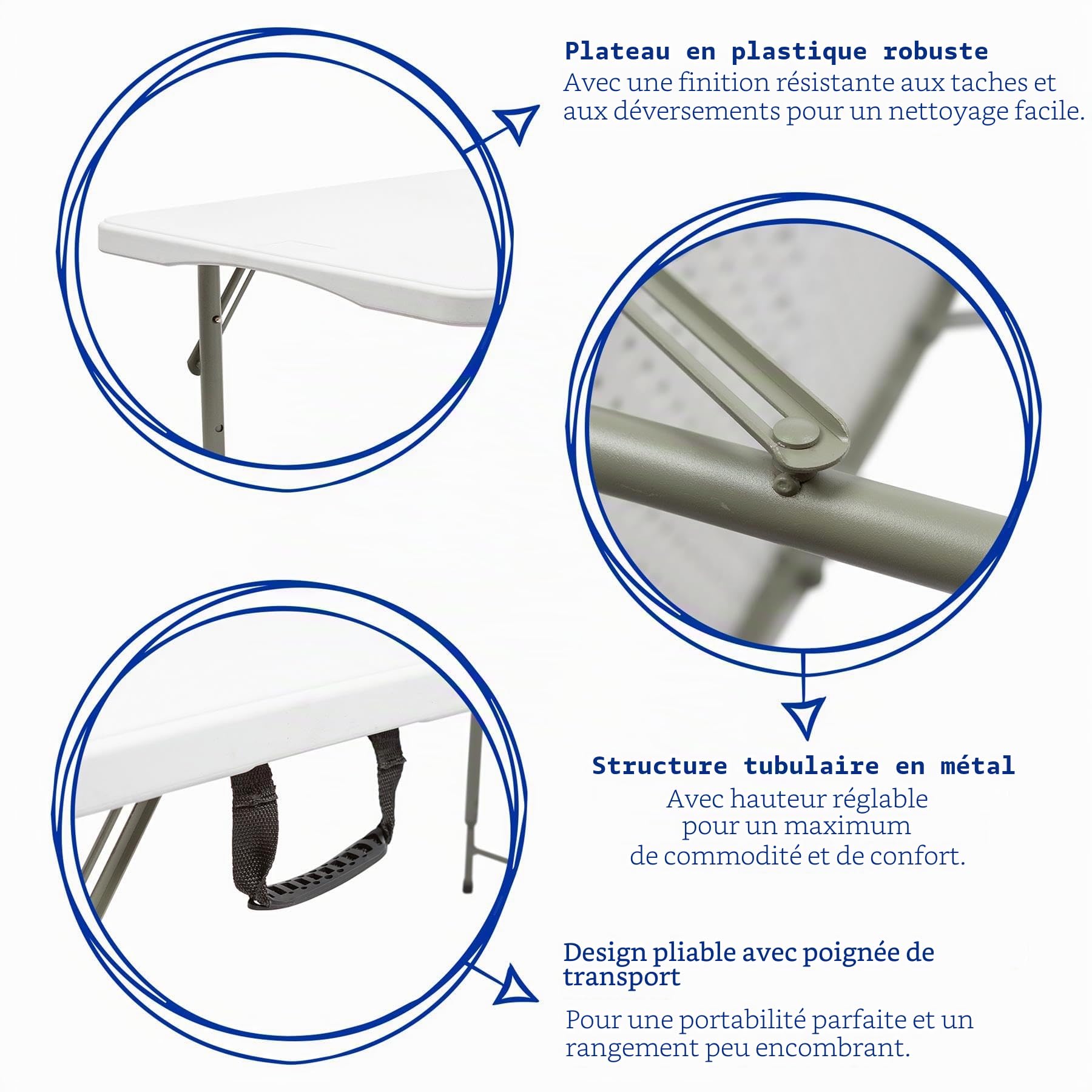 Harbour Housewares Table Pliante Réglable en Hauteur 120 cm Blanche | Plastique robuste, 120x60 cm, hauteur réglable, pliable, structure métallique, poignée de transport