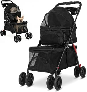 Double Pet Stroller for 2 Cats & Dogs, 2-in-1 Lightweight Foldable Travel Cart with Cup Holder & Brake, Double Dog Stroller for Small Dogs, Cat Stroller for Two Cats