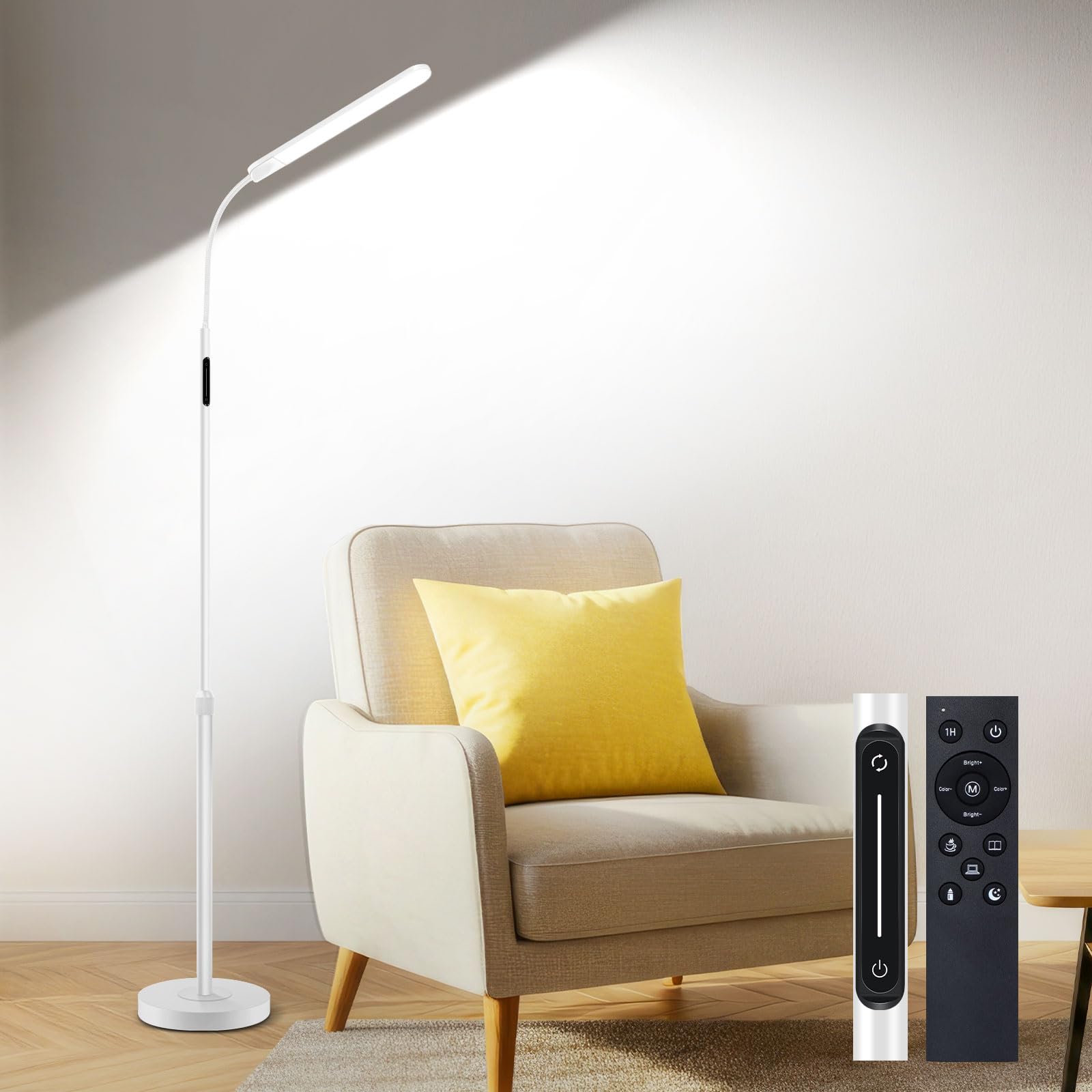OUTON lámpara de pie LED regulable, lámpara de lectura con 4 temperaturas de color, control remoto y control táctil, temporizador de 1 hora, para sala de estar, dormitorio, oficina, Blanco
