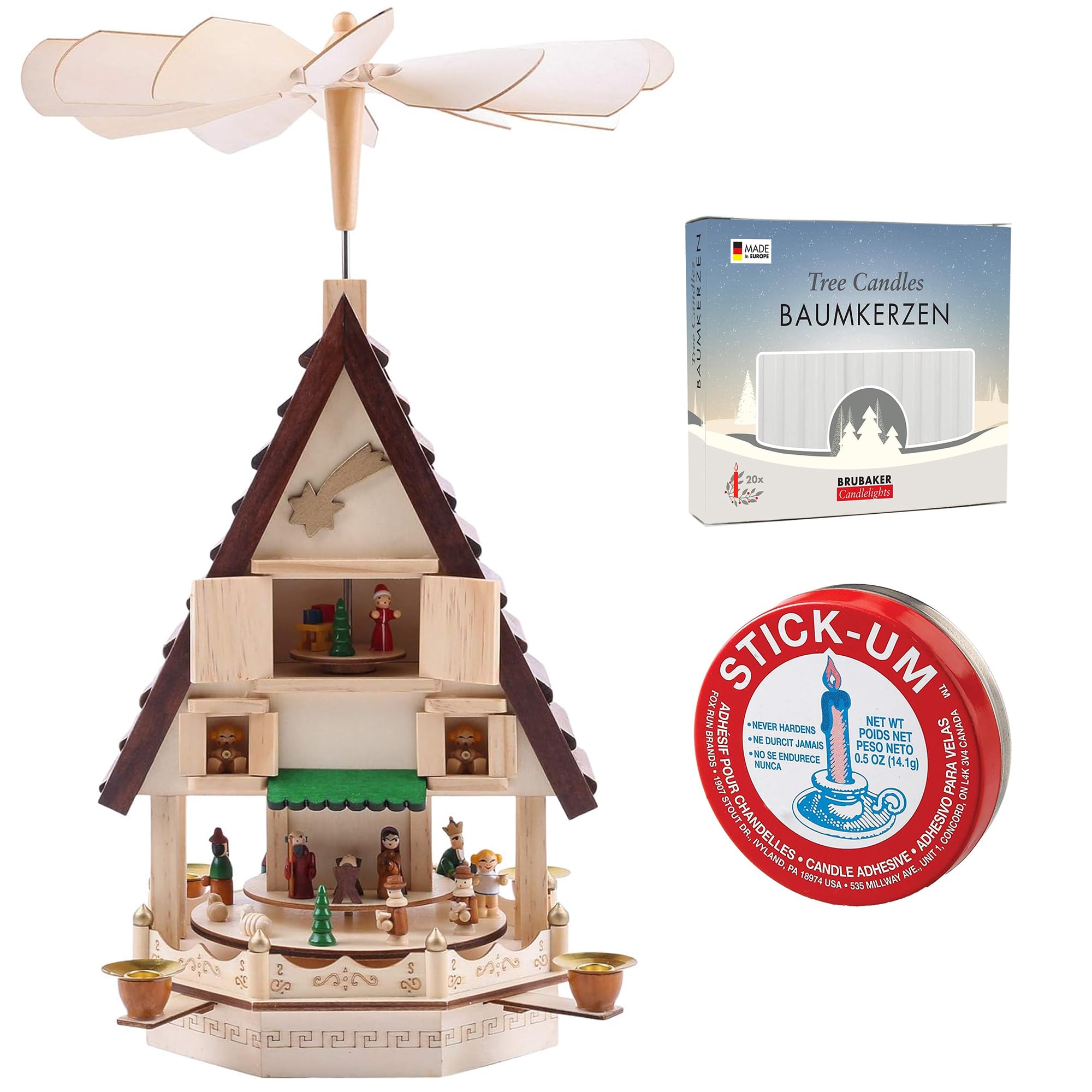BRUBAKER Christmas Pyramid - 19.3 Inches - Designed in Germany + 20 White Candles + Stick-Um Candle Adhesive