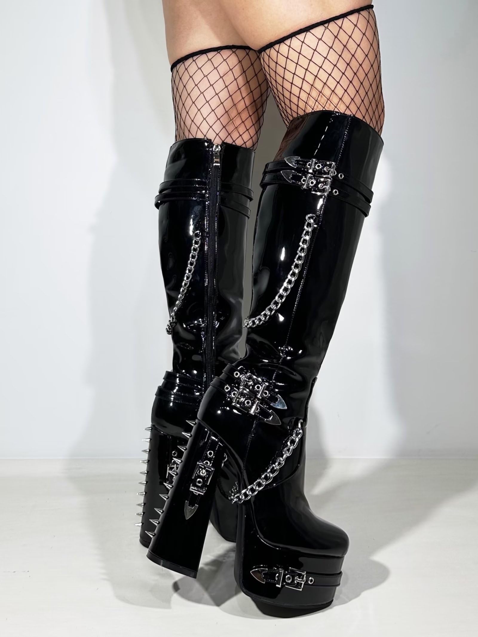 Frankie Hsu Goth Sexy Chunky Platform Knee High Heeled Boots, Black Patent Silver Chain Rivets Gothic, Punk Y2K Hot Girl Big Large Size Wide Calf Long Shoes For Women Men