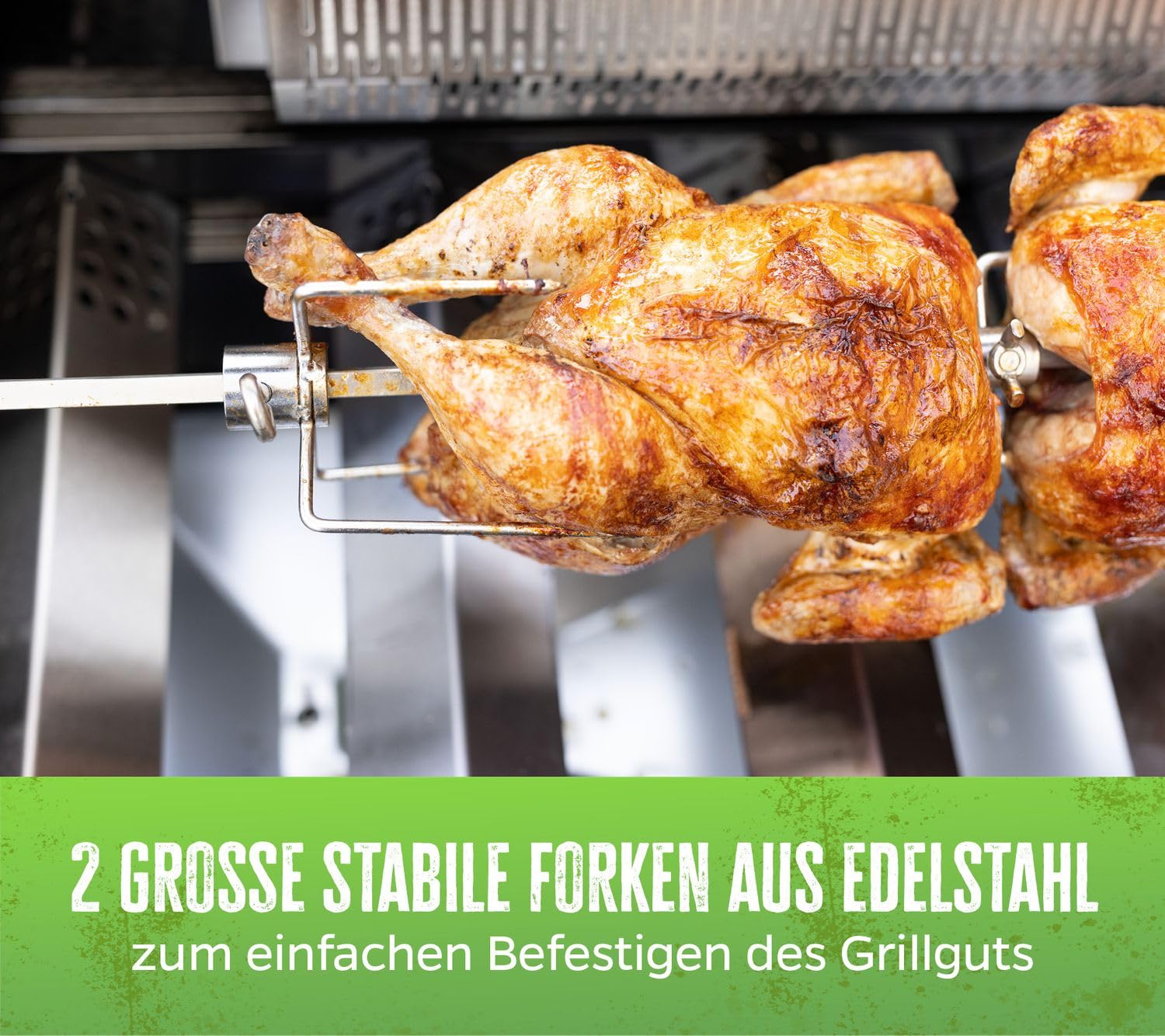 Grillfürst Universal Drehspieß - Grillspieß mit Motor für Gasgrill, Rotisserie Set aus Edelstahl inkl. 2 Fleischnadeln, Gesamtlänge: 95 cm